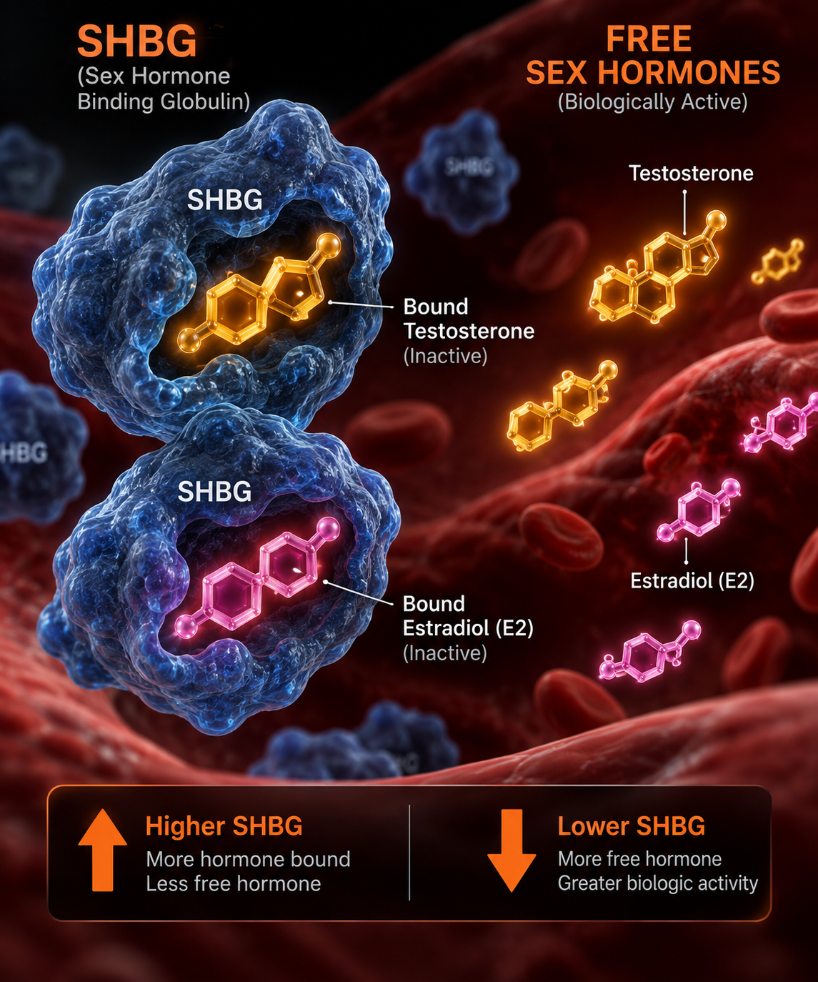 Diagram showing SHBG binding testosterone and estradiol as inactive bound hormone versus free, biologically active testosterone and estradiol in the bloodstream, illustrating how higher SHBG means more bound hormone and lower SHBG means more free hormone