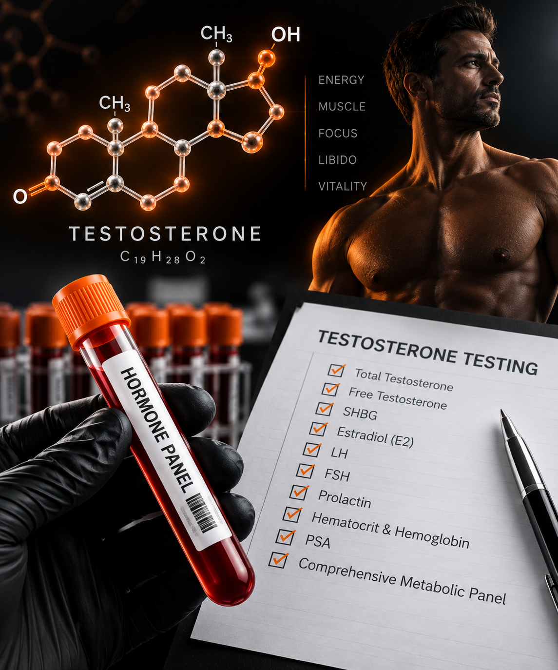 Testosterone molecule diagram alongside a hormone panel blood sample and a testosterone testing checklist including total testosterone, free testosterone, SHBG, estradiol, LH, FSH, prolactin, hematocrit, PSA and comprehensive metabolic panel