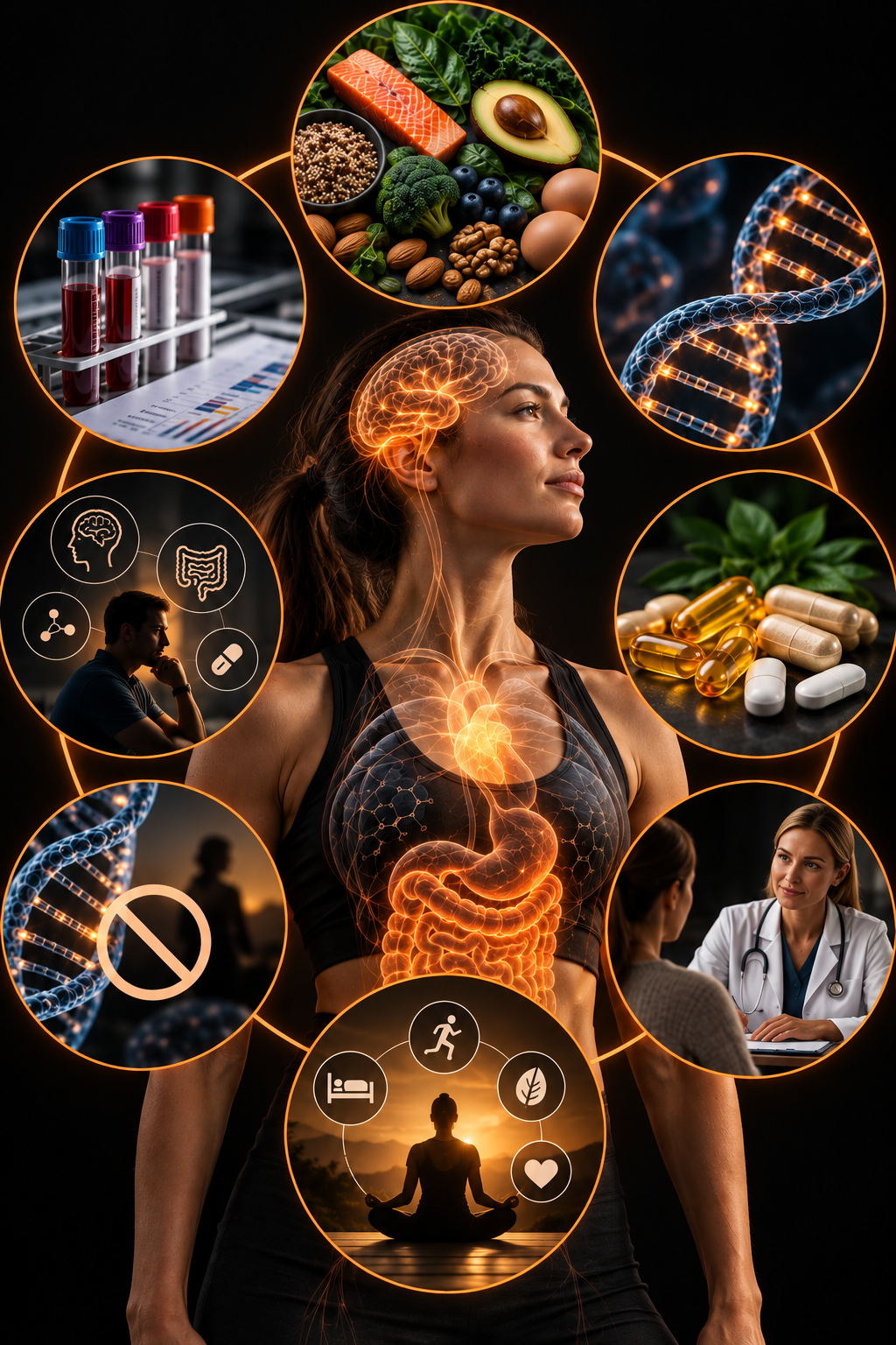 Woman surrounded by circular icons representing a practical approach to methylation: bloodwork and lab report, nutrient-dense foods, DNA strand, supplements, genetics with a crossed-out DNA icon for not panicking about MTHFR results, a physician consultation, and lifestyle fundamentals including sleep, exercise, nutrition and stress management
