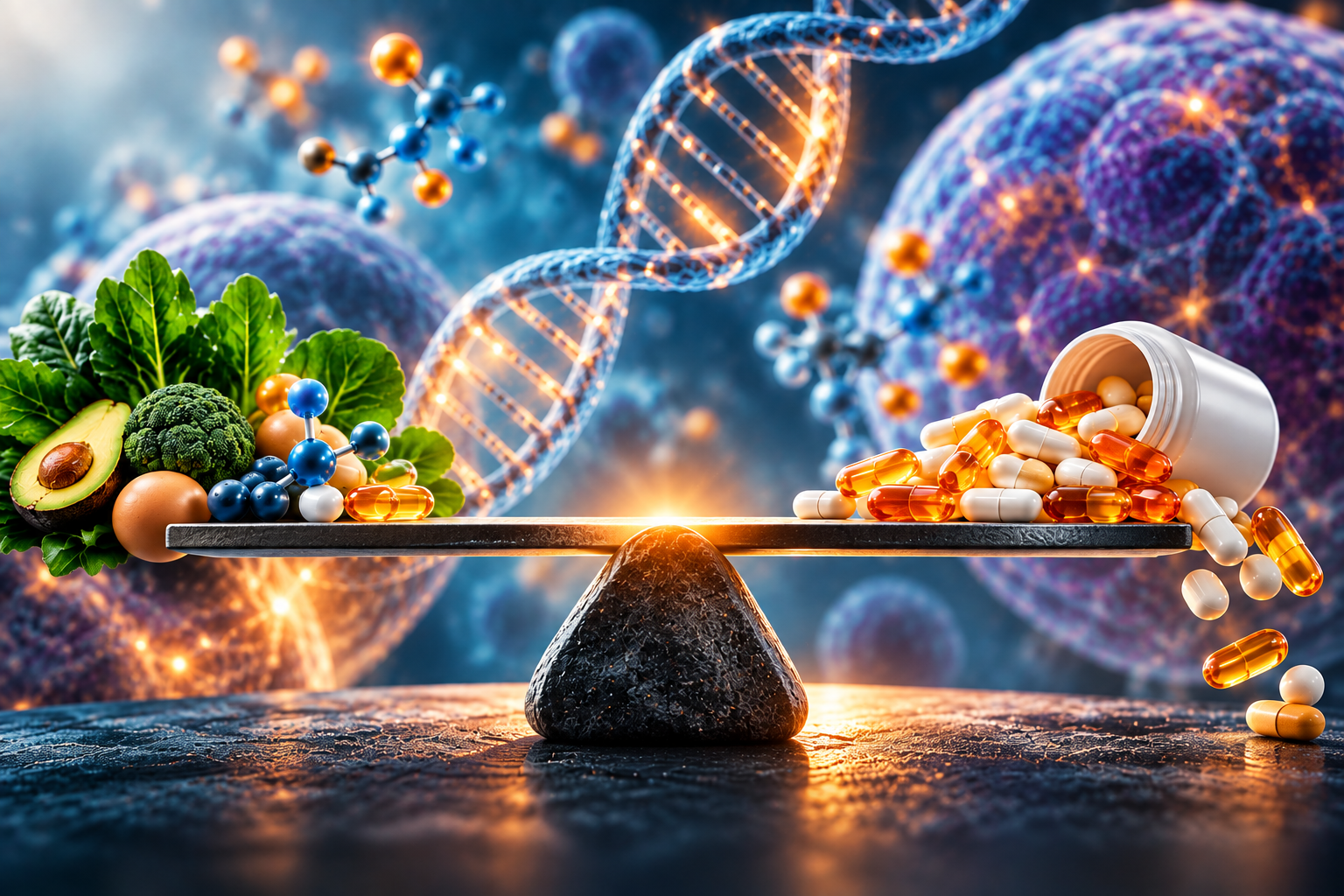 A balance scale weighing leafy greens, avocado, eggs and a folate molecule on one side against a pile of spilled supplement capsules on the other, in front of a glowing DNA double helix, representing that healthy methylation depends on balanced nutrition rather than maximizing supplement intake