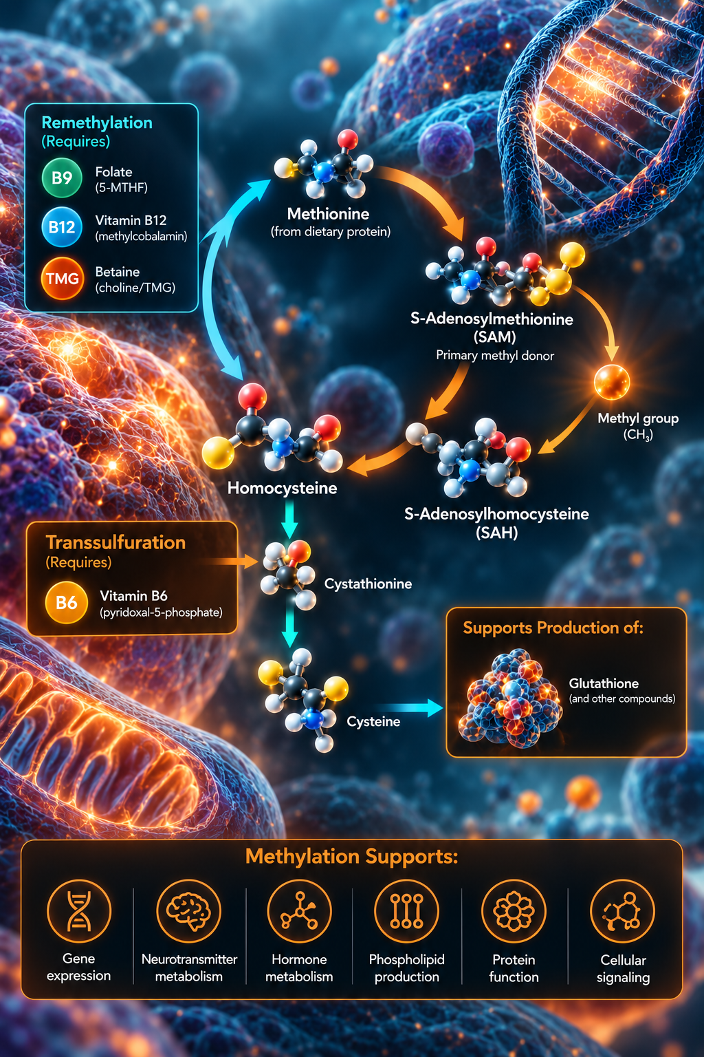 Diagram of the methylation cycle showing methionine converting to SAM, the primary methyl donor, donating a methyl group to become SAH, which forms homocysteine; homocysteine either undergoes remethylation back to methionine using folate (5-MTHF), vitamin B12 and betaine (TMG), or transsulfuration via vitamin B6 through cystathionine to cysteine, supporting production of glutathione; methylation also supports gene expression, neurotransmitter metabolism, hormone metabolism, phospholipid production, protein function and cellular signaling