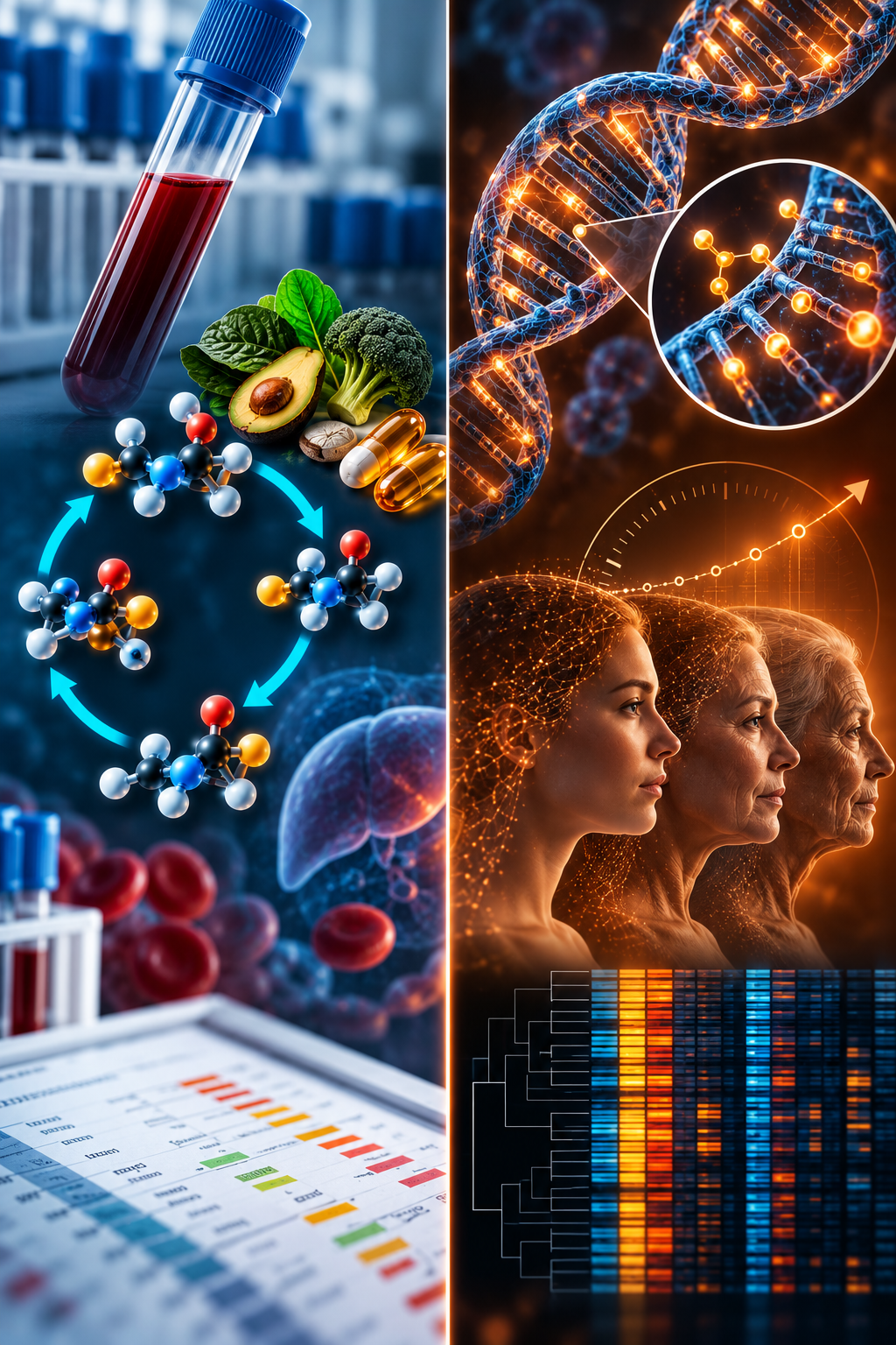 Split image contrasting a homocysteine and nutrient blood test with a lab report and molecular metabolism diagram on one side, against a DNA strand with a highlighted methylation site, an aging biological-age timeline of three women at different ages, and a DNA methylation heat map on the other side, representing that methylation blood testing and epigenetic-age testing measure different things