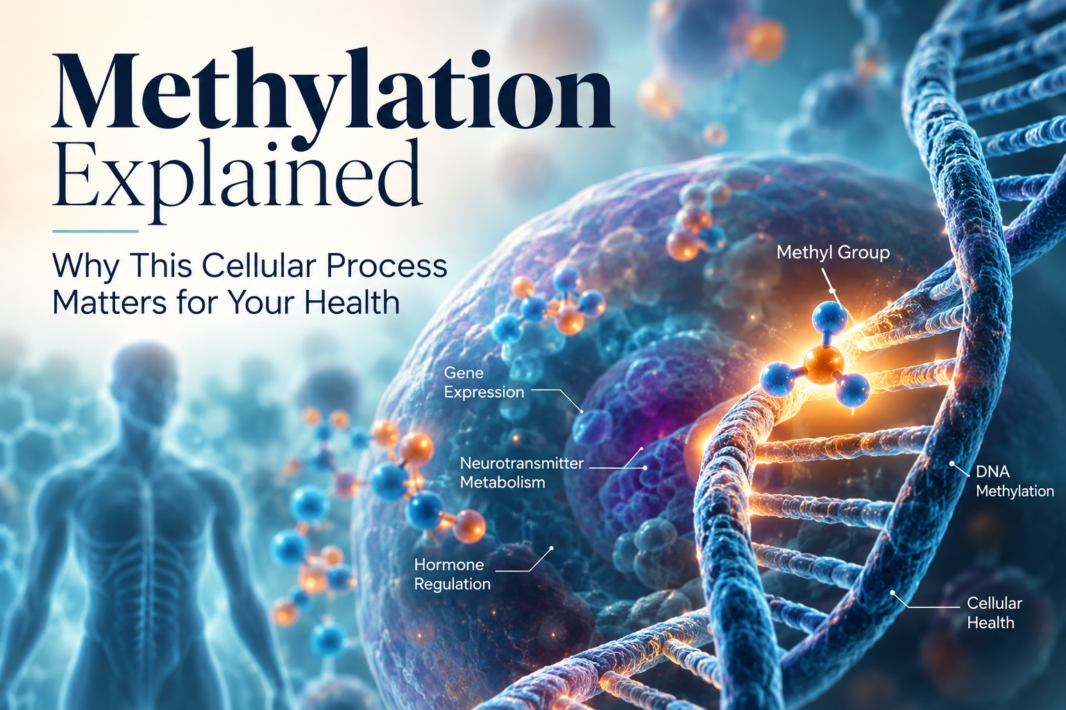 Hero graphic for "Methylation Explained" showing a DNA double helix with a highlighted methyl group attaching to a strand, surrounded by molecular structures and a faint human silhouette, with labels for methyl group, DNA methylation, gene expression, neurotransmitter metabolism, hormone regulation and cellular health