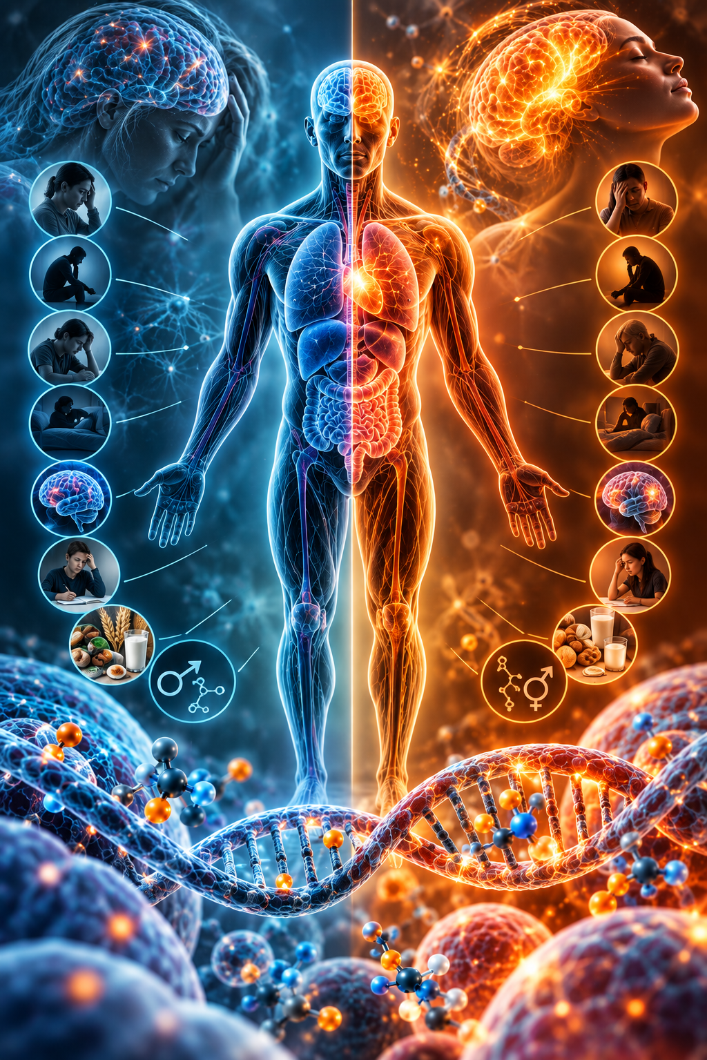 Split figure contrasting a fatigued, anxious person on one side with icons for anxiety, depression, fatigue, insomnia, brain fog and food sensitivities, against an energized person on the other side with the same symptom icons, joined by a DNA strand, representing why broad under-methylator or over-methylator labels oversimplify methylation biology