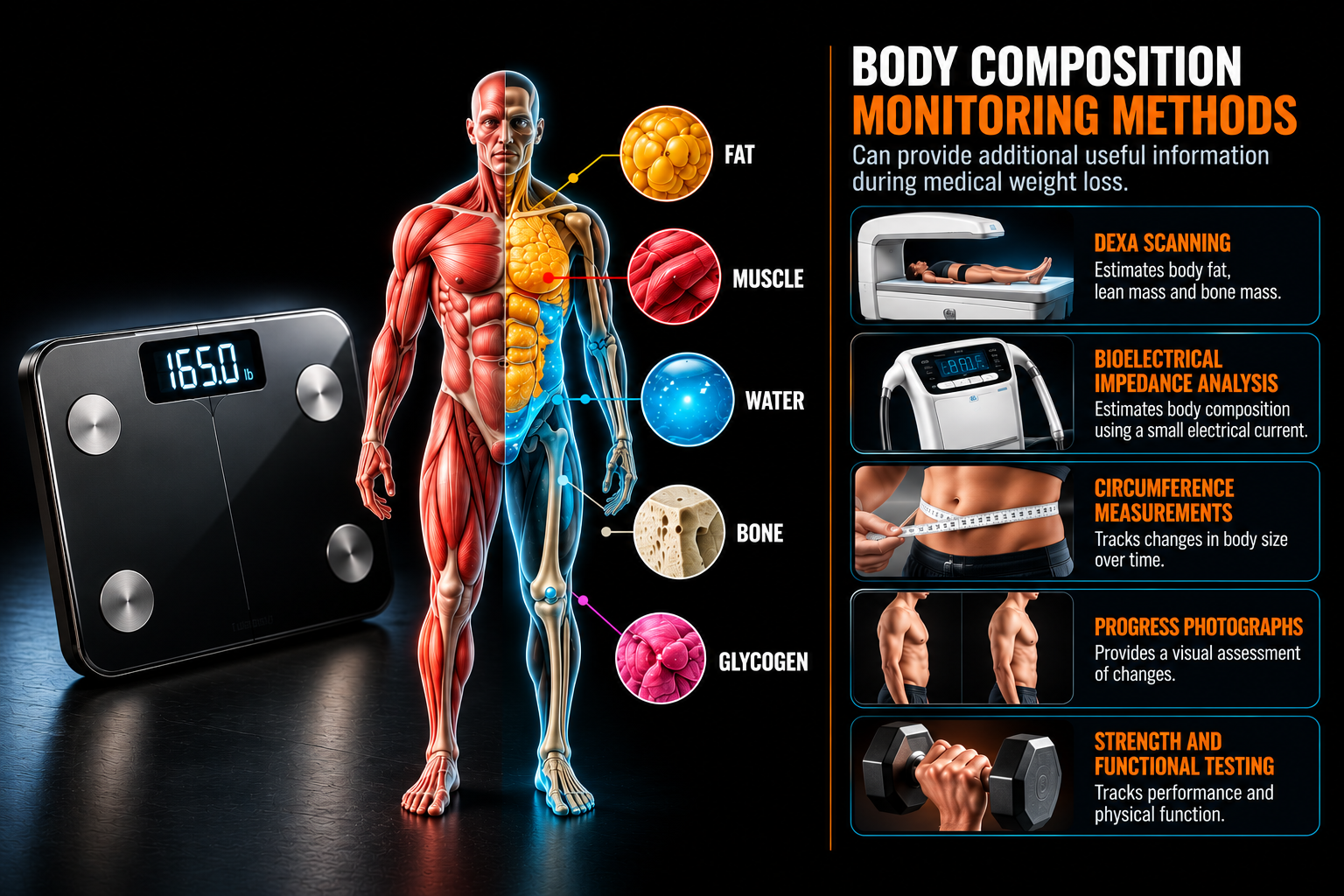 Infographic: Body composition monitoring methods — DEXA, bioelectrical impedance, circumference measurements, progress photographs, strength and functional testing.