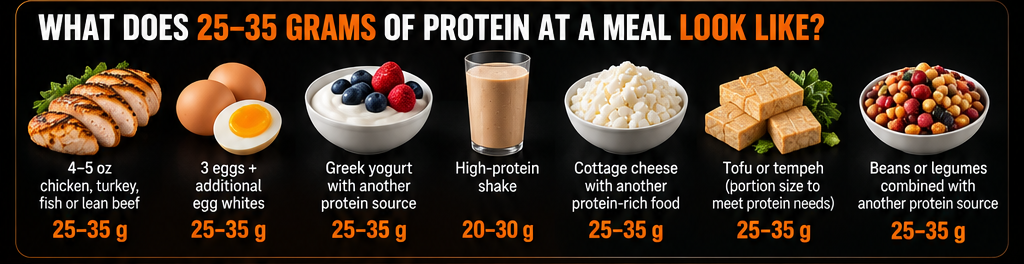 Infographic: What does 25–35 grams of protein at a meal look like? Seven example meals and snacks.