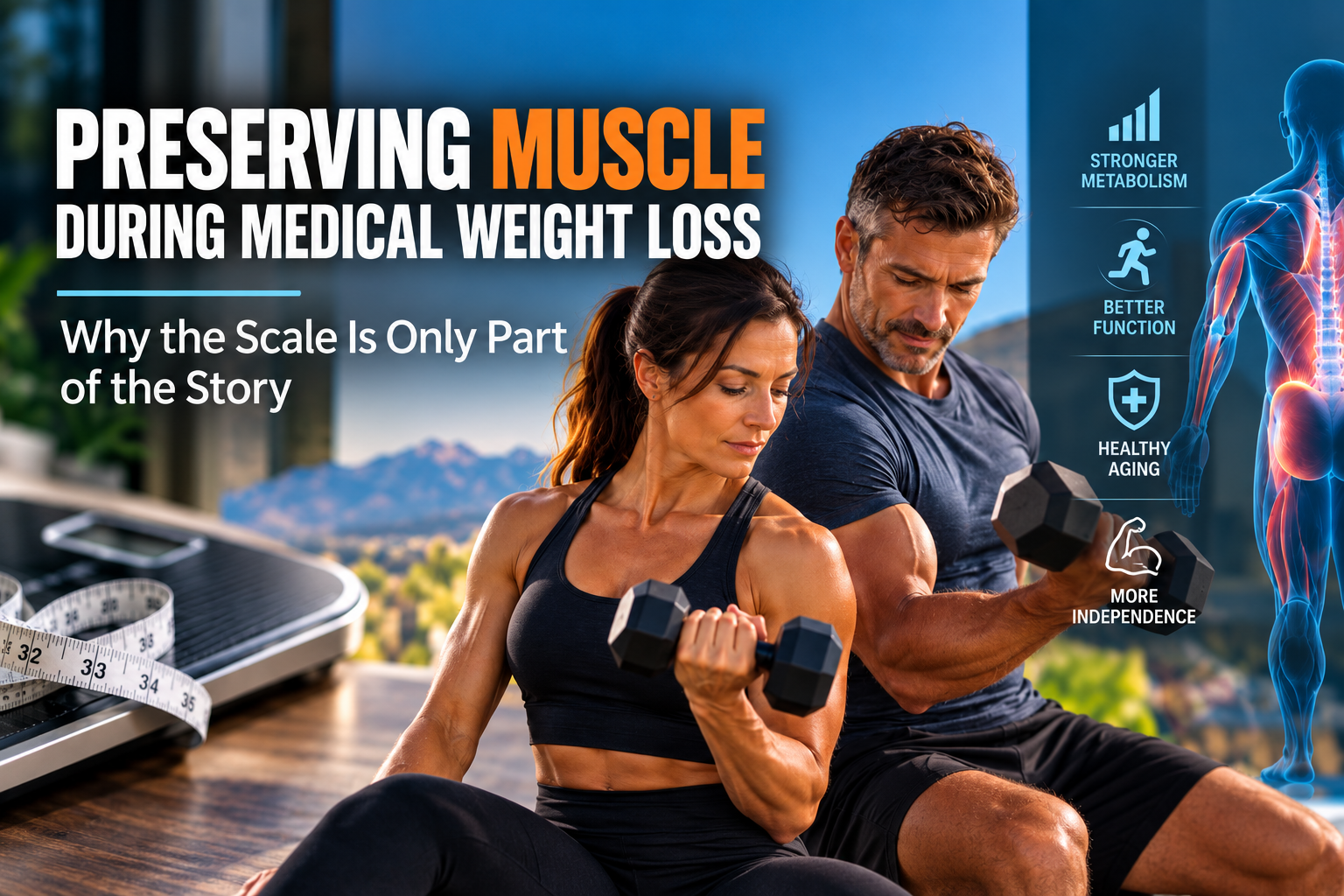 Woman and man in their 40s–50s doing dumbbell curls outdoors beside a bathroom scale and tape measure, with icons for stronger metabolism, better function, healthy aging and more independence, under the title Preserving Muscle During Medical Weight Loss: Why the Scale Is Only Part of the Story