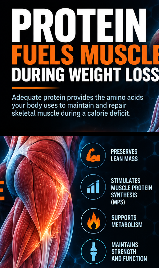 Infographic: Protein fuels muscle during weight loss. Adequate protein provides the amino acids your body uses to maintain and repair skeletal muscle during a calorie deficit. It preserves lean mass, stimulates muscle protein synthesis (MPS), supports metabolism, and maintains strength and function.