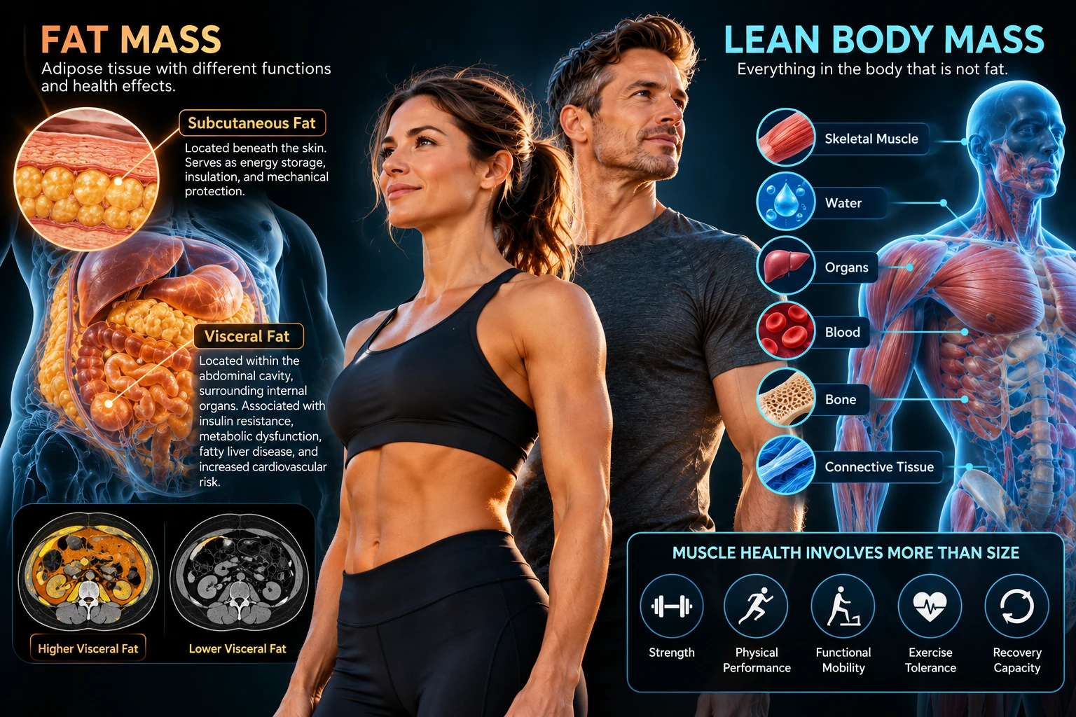 Fat mass versus lean body mass: subcutaneous fat beneath the skin and visceral fat around the abdominal organs, compared with lean mass made up of skeletal muscle, water, organs, blood, bone and connective tissue, and muscle health measured by strength, physical performance, functional mobility, exercise tolerance and recovery capacity.