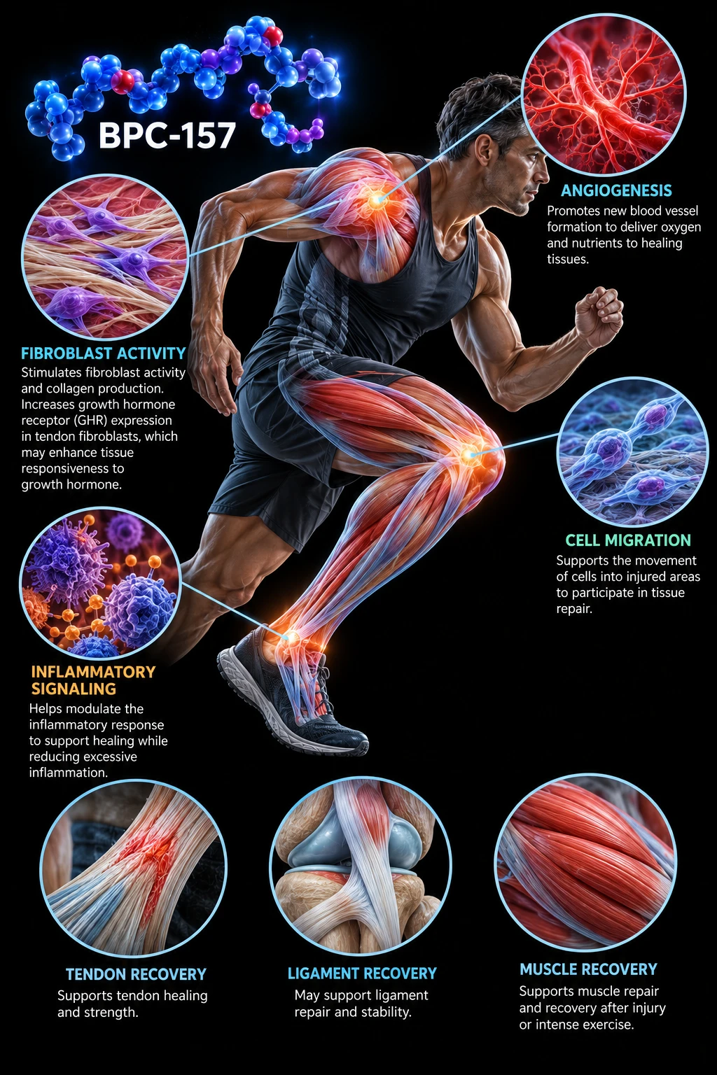 Proposed BPC-157 mechanisms studied in laboratory and animal research: angiogenesis, fibroblast activity with increased growth hormone receptor expression in tendon fibroblasts, cell migration and inflammatory signaling, shown on a runner with tendon, ligament and muscle highlighted.
