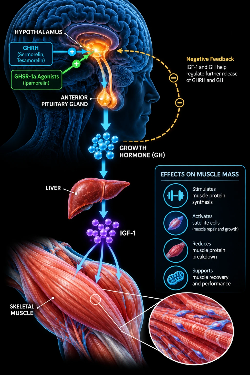 How growth hormone peptides are thought to affect muscle: GHRH analogs such as sermorelin and tesamorelin and GHSR-1a agonists such as ipamorelin act on the hypothalamus and anterior pituitary to release growth hormone, the liver produces IGF-1, and IGF-1 acts on skeletal muscle, with negative feedback from IGF-1 and GH.