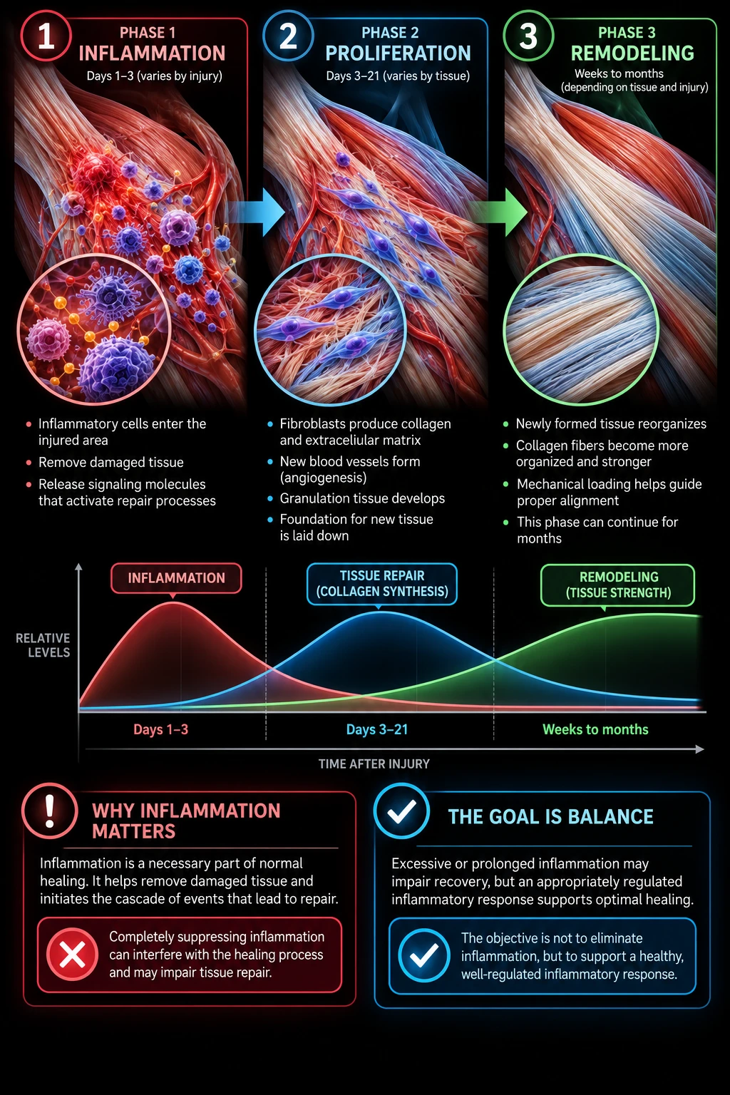 The three overlapping phases of healing: inflammation in the first days, proliferation with collagen and new blood vessels over days to weeks, and remodeling over weeks to months, with a timeline of relative levels and a note that the goal is a well-regulated inflammatory response rather than eliminating inflammation.