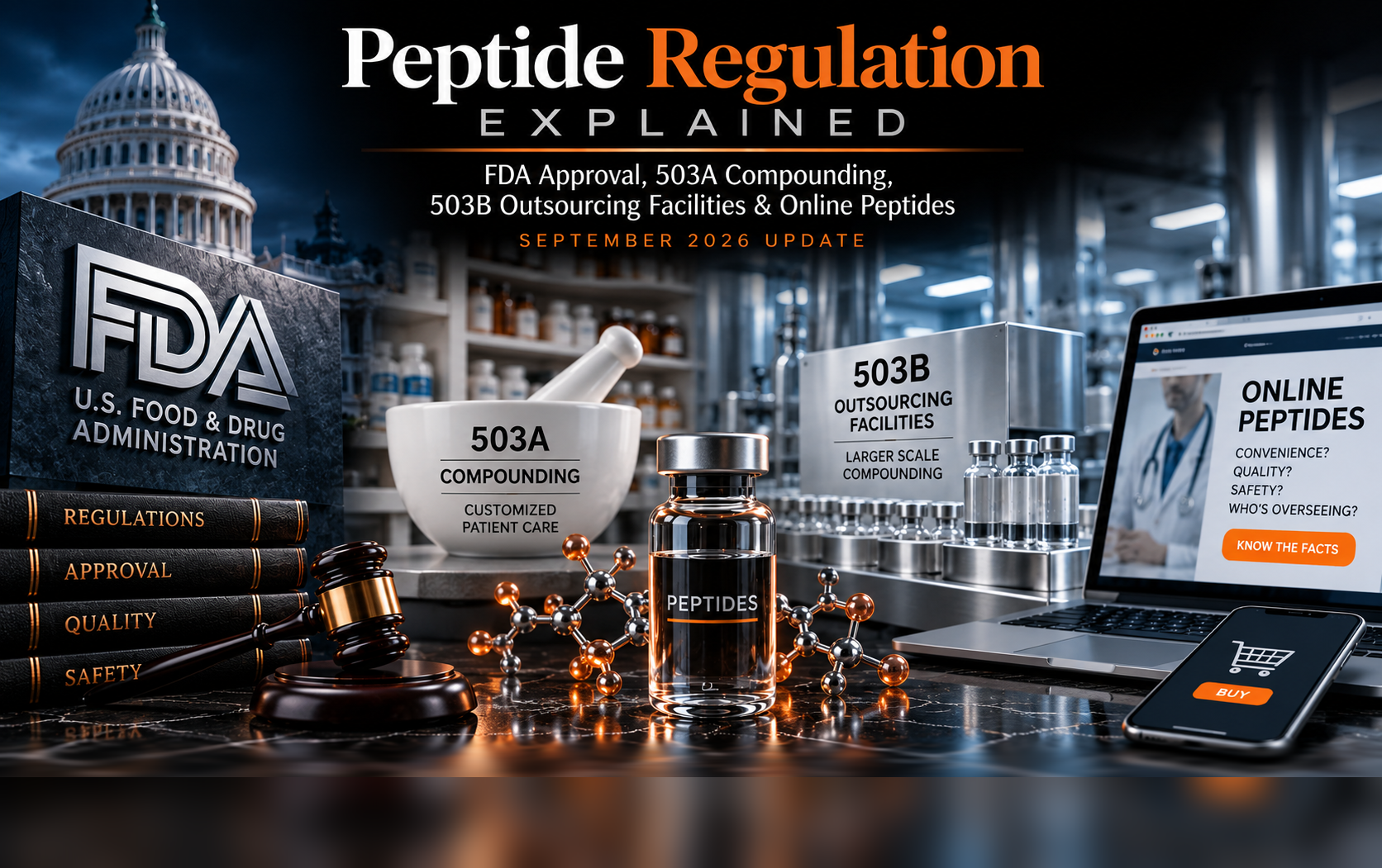 Peptide Regulation Explained: FDA Approval, 503A Compounding, 503B Outsourcing Facilities & Online Peptides — hero graphic with the U.S. Capitol, FDA regulations and a gavel, a mortar and pestle for 503A compounding, vials for 503B outsourcing facilities, a peptide molecule, and a laptop and phone showing an online peptide storefront