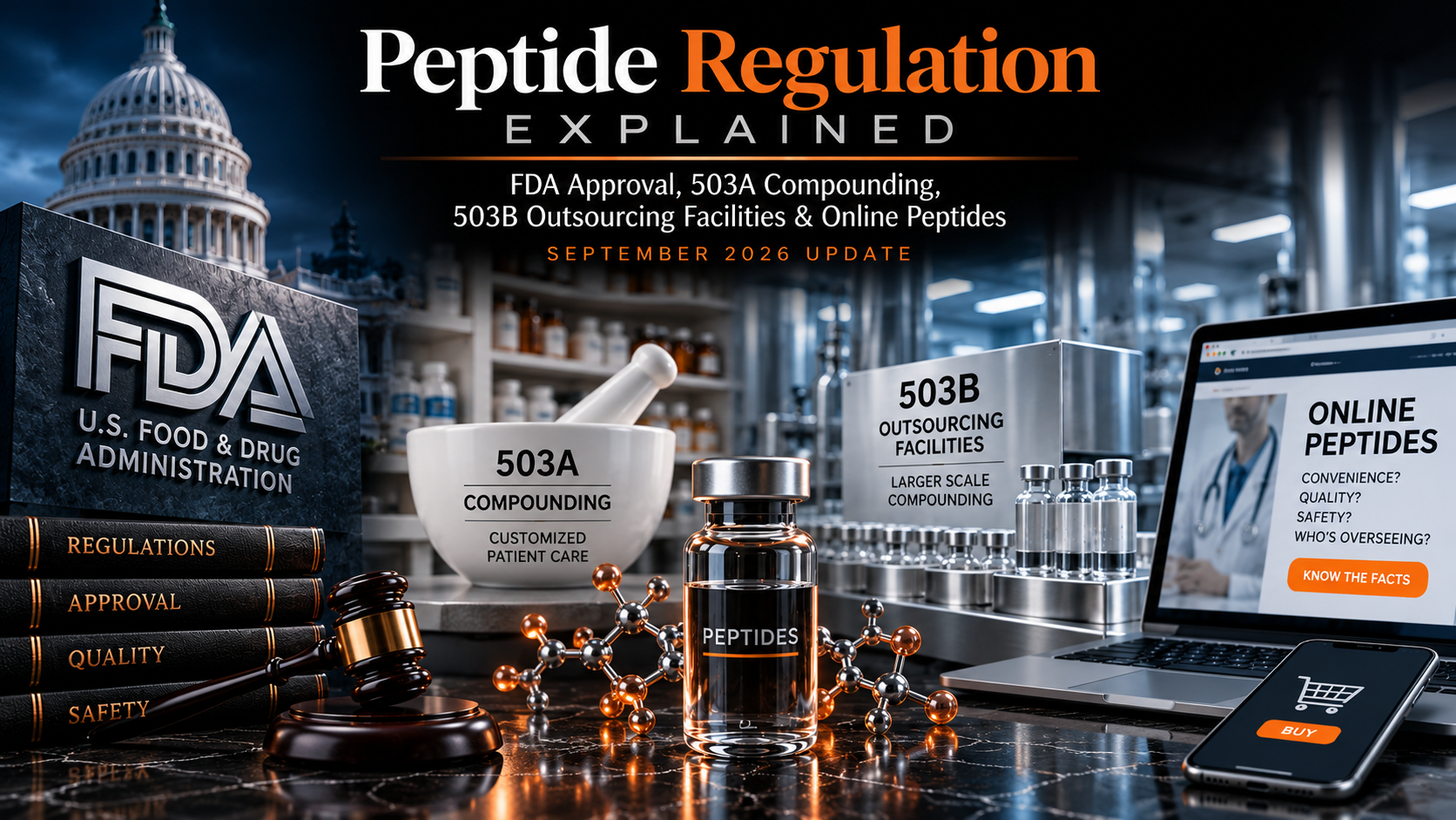 Peptide Regulation Explained: FDA Approval, 503A Compounding, 503B Outsourcing Facilities & Online Peptides — hero graphic with the U.S. Capitol, FDA regulations and a gavel, a mortar and pestle for 503A compounding, vials for 503B outsourcing facilities, a peptide molecule, and a laptop and phone showing an online peptide storefront