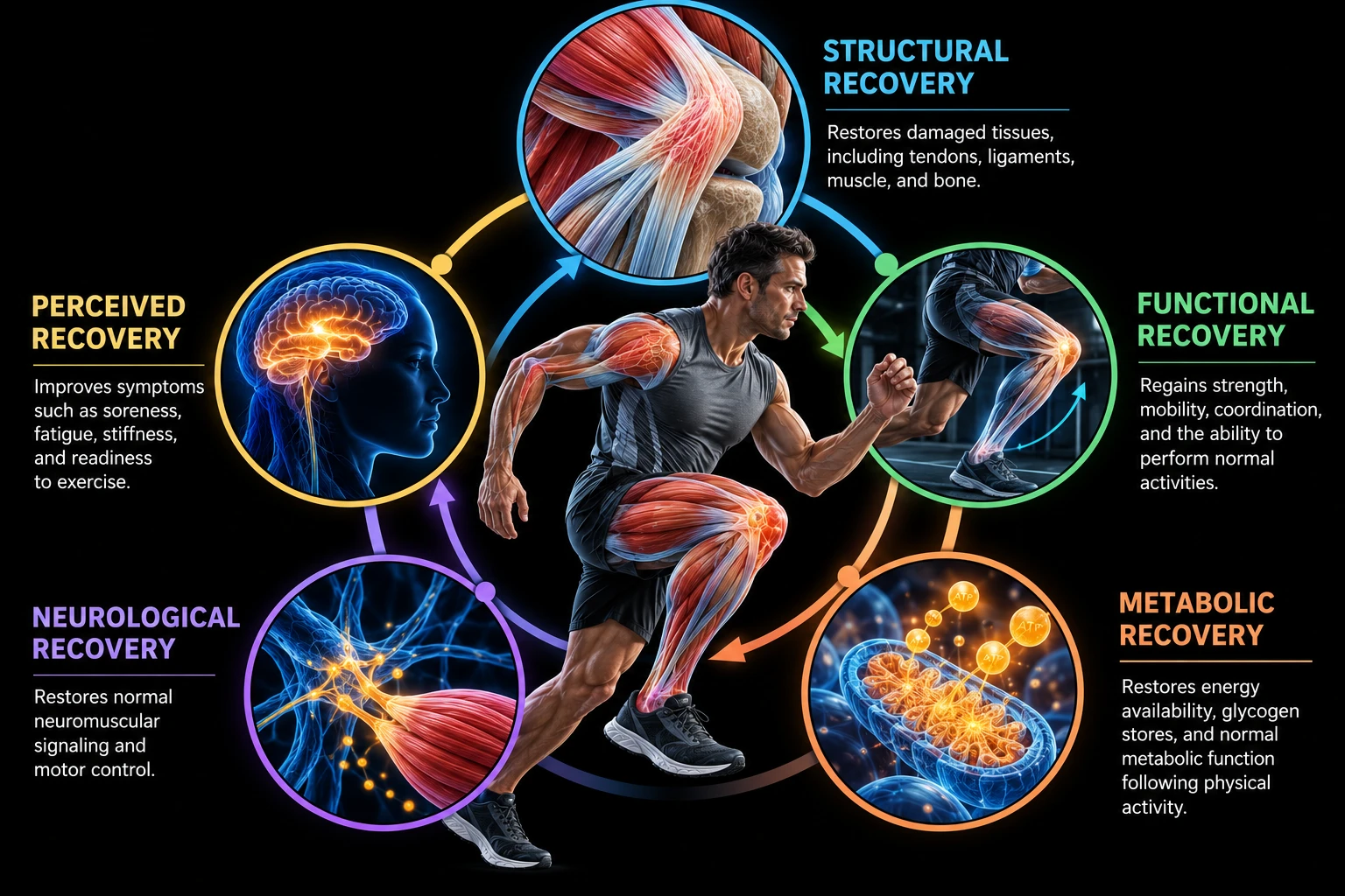 Five types of recovery around a runner: structural recovery of tendons, ligaments, muscle and bone; functional recovery of strength, mobility and coordination; metabolic recovery of energy and glycogen stores; neurological recovery of neuromuscular signaling and motor control; and perceived recovery of soreness, fatigue and stiffness.