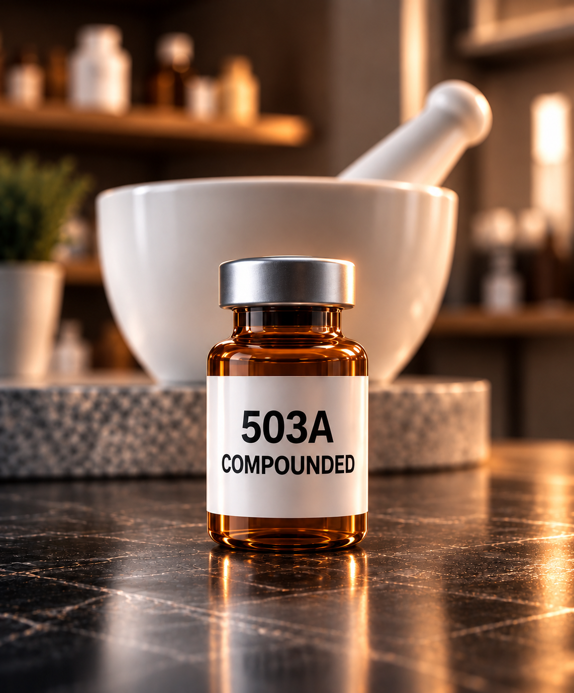 503A compounded vial with a compounding pharmacy mortar and pestle