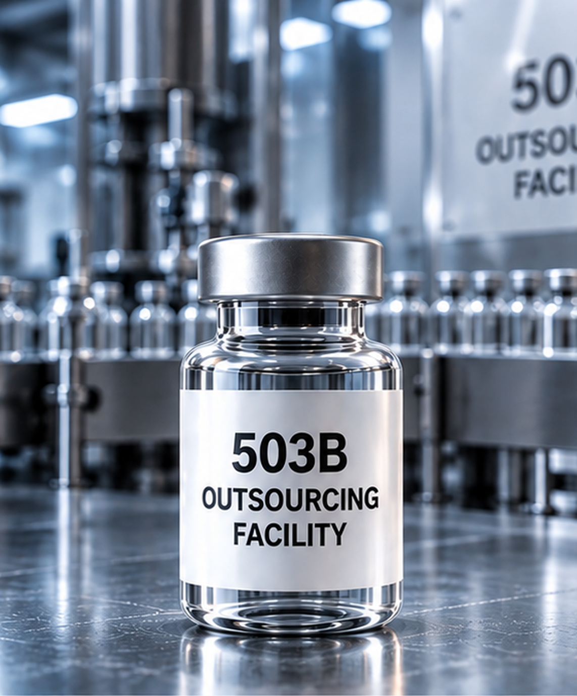 503B outsourcing facility vial on a pharmaceutical manufacturing line