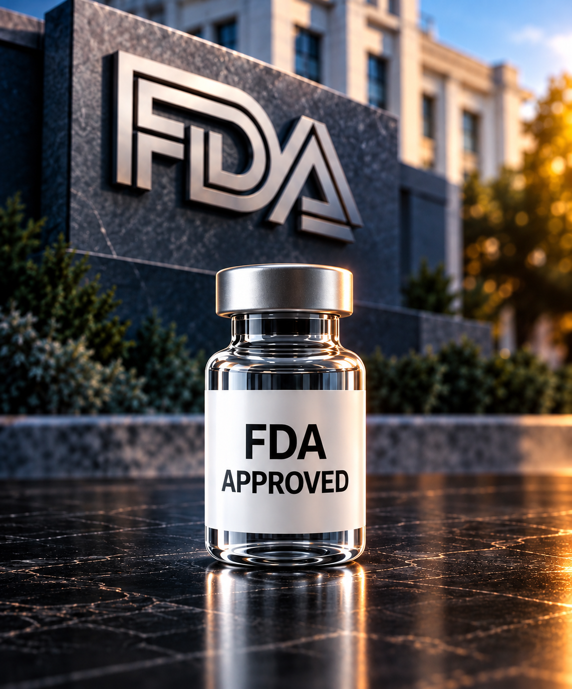 FDA-approved vial in front of the FDA headquarters sign