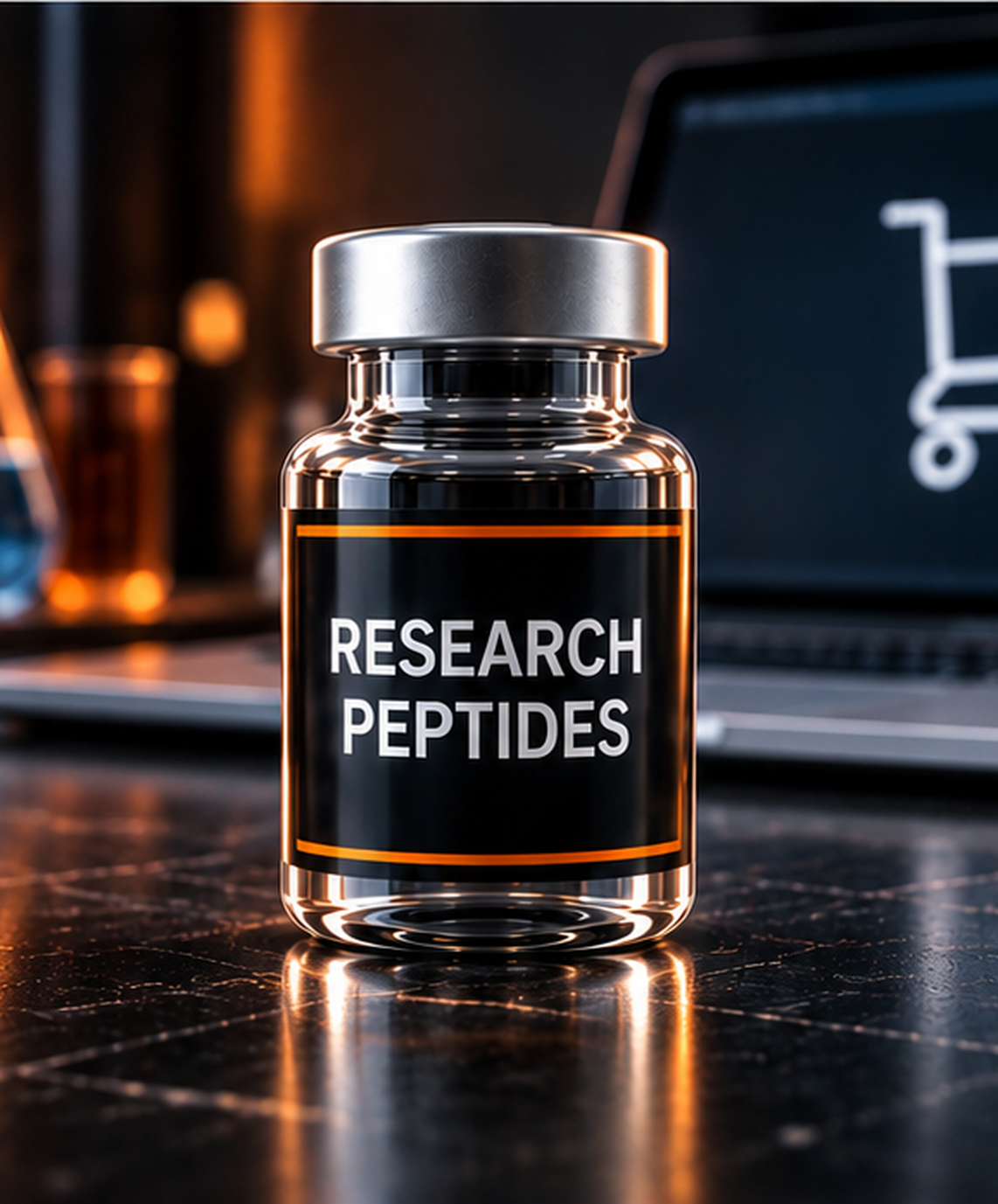 Online research peptide vial in front of a laptop displaying a research-peptides storefront