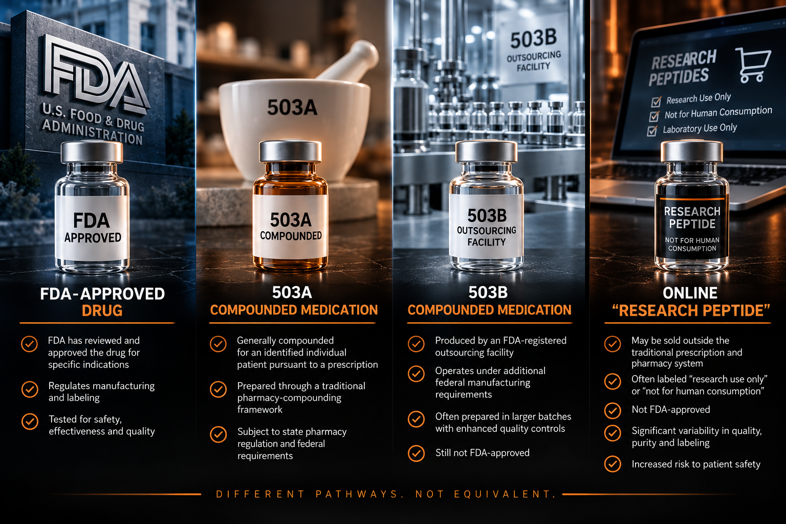 Comparison of an FDA-approved drug, a 503A compounded medication, a 503B compounded medication and an online research peptide showing checklists of what each pathway does and does not involve, captioned different pathways, not equivalent
