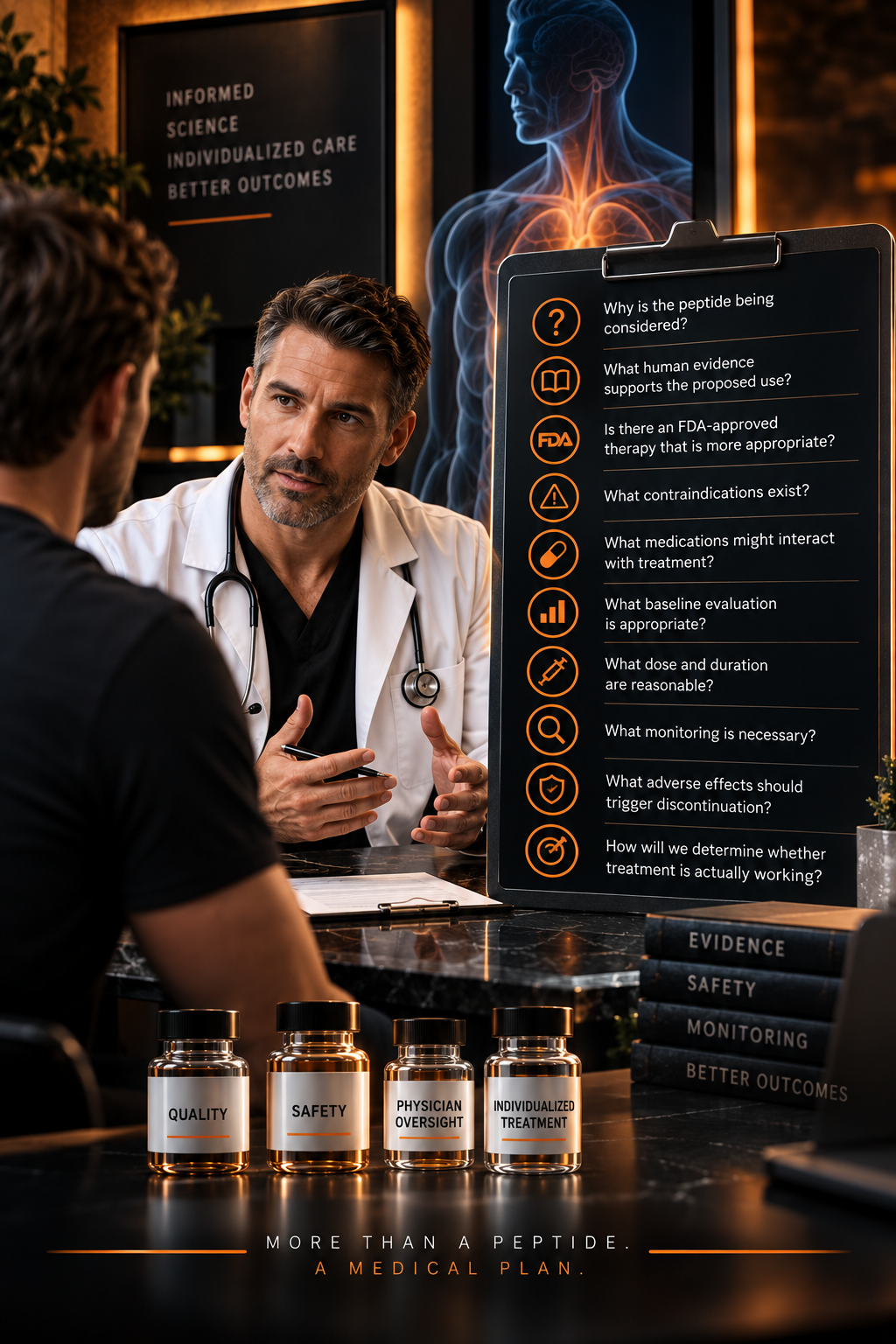 Physician discussing a peptide treatment checklist with a patient, covering why the peptide is being considered, human evidence, FDA-approved alternatives, contraindications, drug interactions, baseline evaluation, dose and duration, monitoring, discontinuation triggers and how treatment success is measured