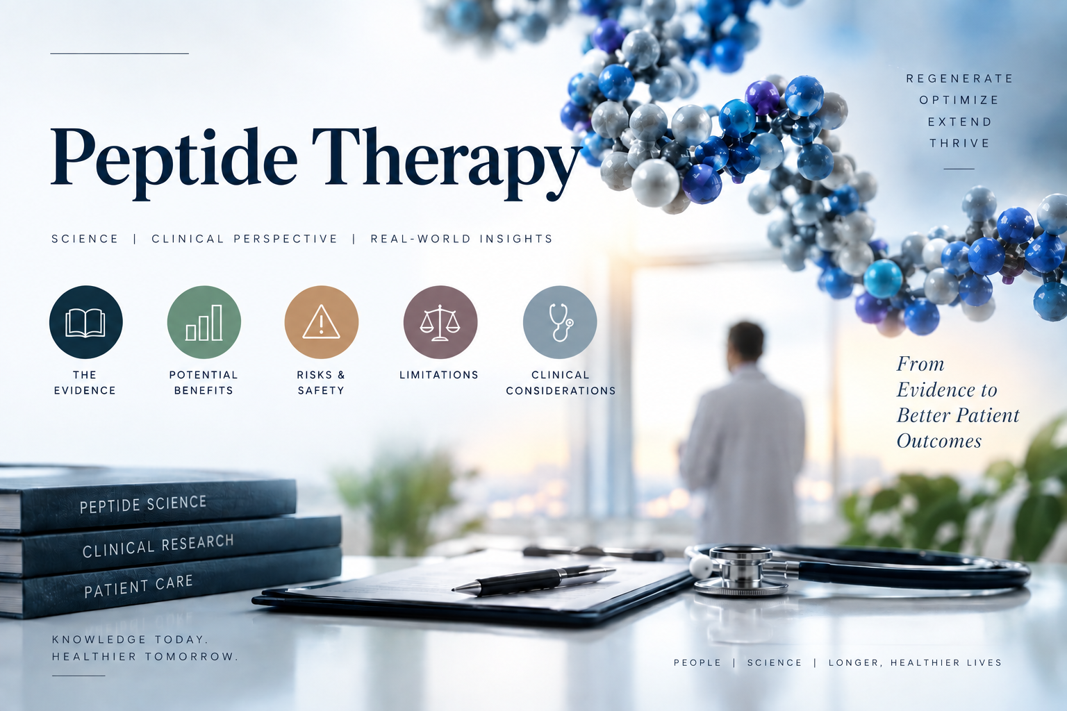 Peptide Therapy: A Physician's Guide to the Evidence, Potential Benefits, Risks & Limitations — hero graphic with a molecular peptide chain, a physician in a clinic, and icons for evidence, potential benefits, risks & safety, limitations, and clinical considerations
