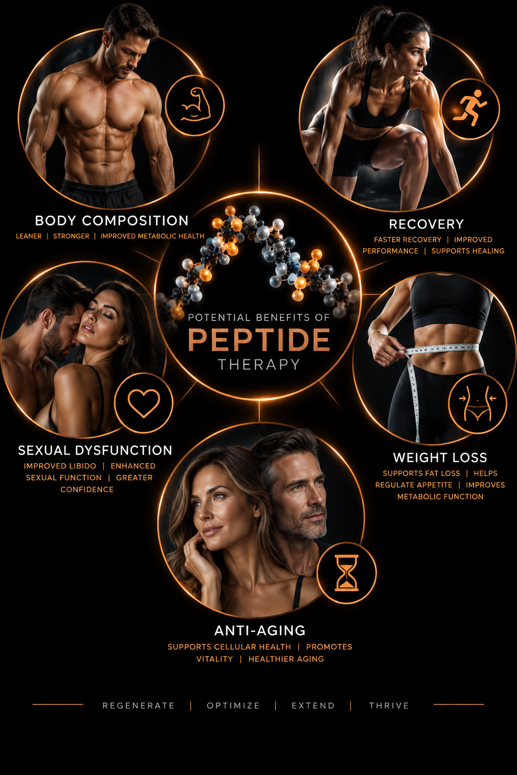 Potential benefits of peptide therapy infographic showing body composition, recovery, sexual dysfunction, weight loss and anti-aging