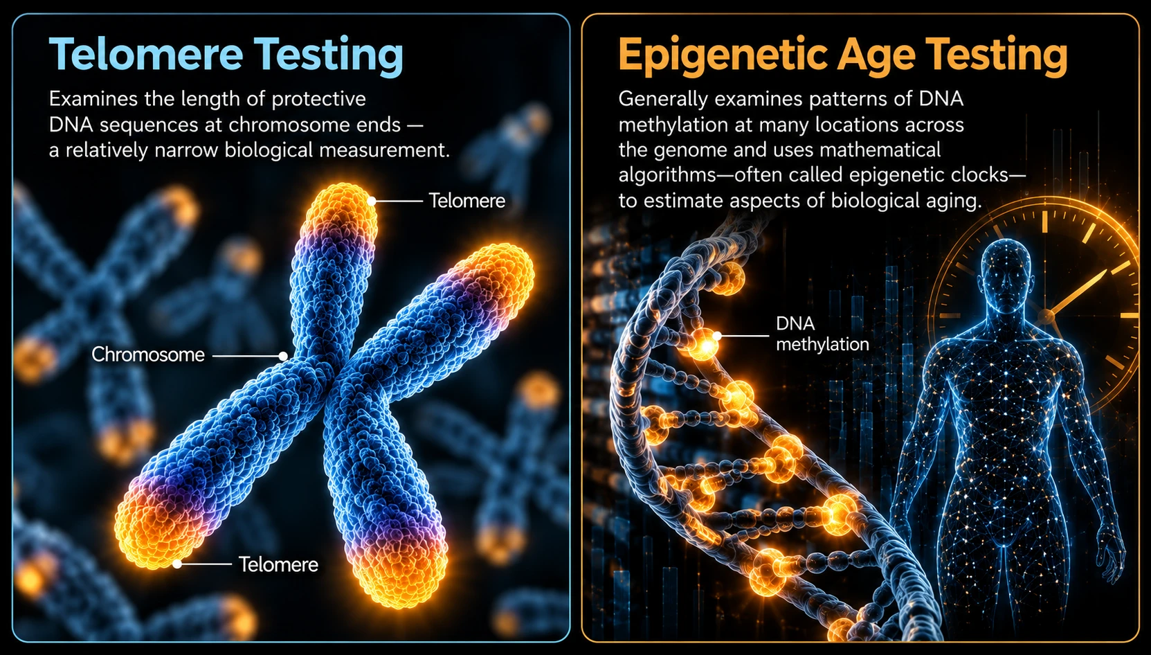 Side-by-side infographic comparing telomere testing, which examines the length of protective DNA sequences at chromosome ends, shown as a chromosome with glowing telomere tips, with epigenetic age testing, which examines DNA methylation patterns across the genome using epigenetic clock algorithms, shown as a DNA strand with methylation markers beside a human figure and a clock