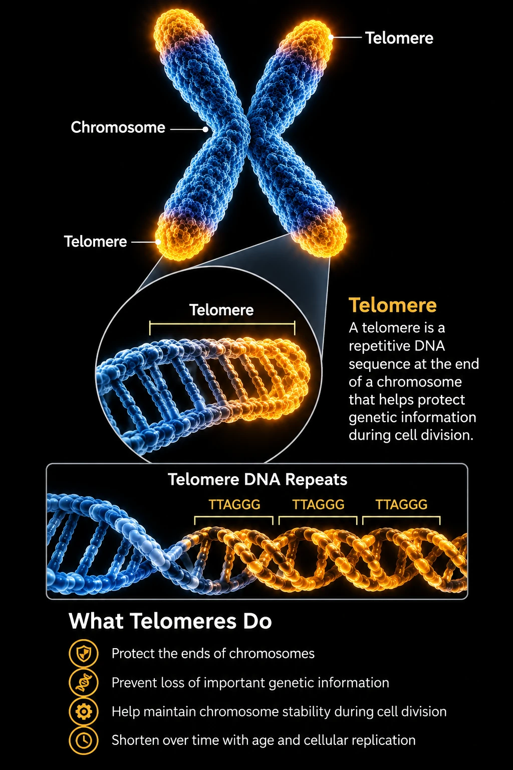 Infographic of a chromosome with glowing telomeres at each end, a close-up of telomere DNA showing repeating TTAGGG sequences, and a list of what telomeres do: protect the ends of chromosomes, prevent loss of important genetic information, help maintain chromosome stability during cell division, and shorten over time with age and cellular replication