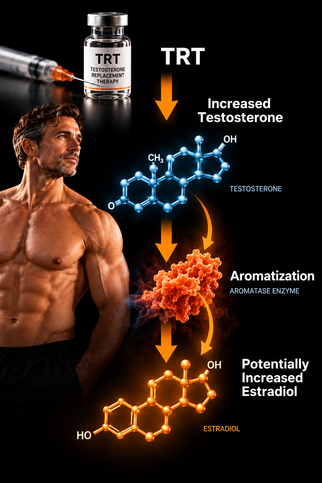 Infographic of the TRT aromatization pathway beside a fit, shirtless man: a testosterone replacement therapy vial and syringe lead to increased testosterone, which the aromatase enzyme converts through aromatization into potentially increased estradiol