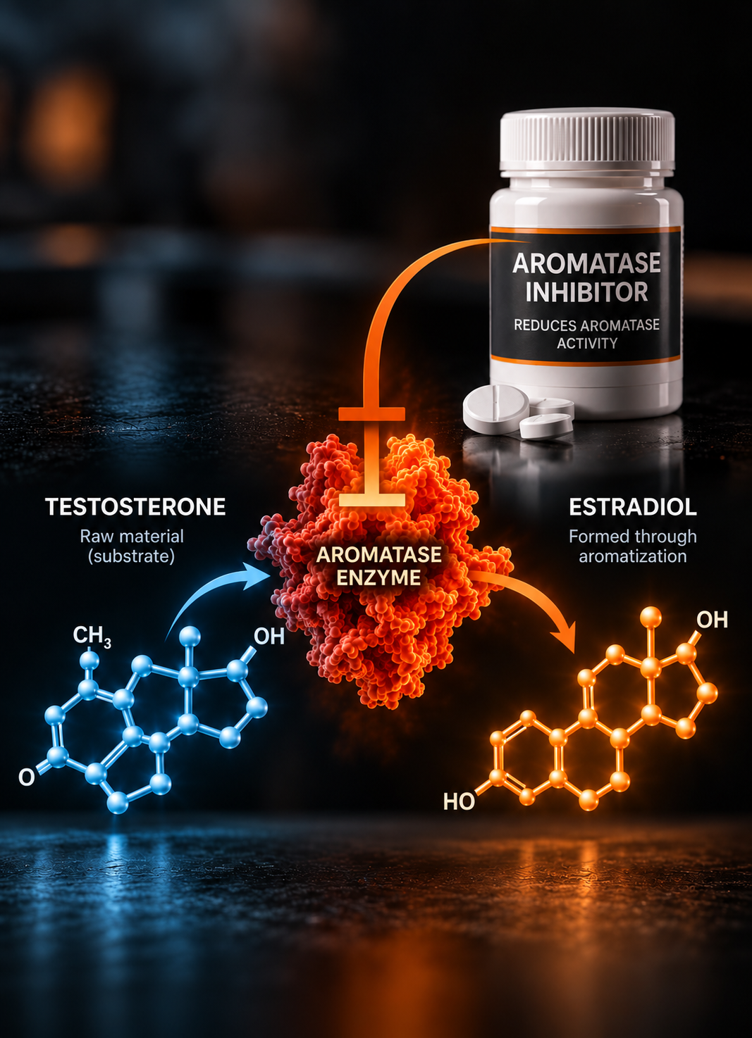 Infographic showing how an aromatase inhibitor works: testosterone, the raw material, is converted by the aromatase enzyme into estradiol, and a bottle labeled aromatase inhibitor, reduces aromatase activity, blocks that enzyme step
