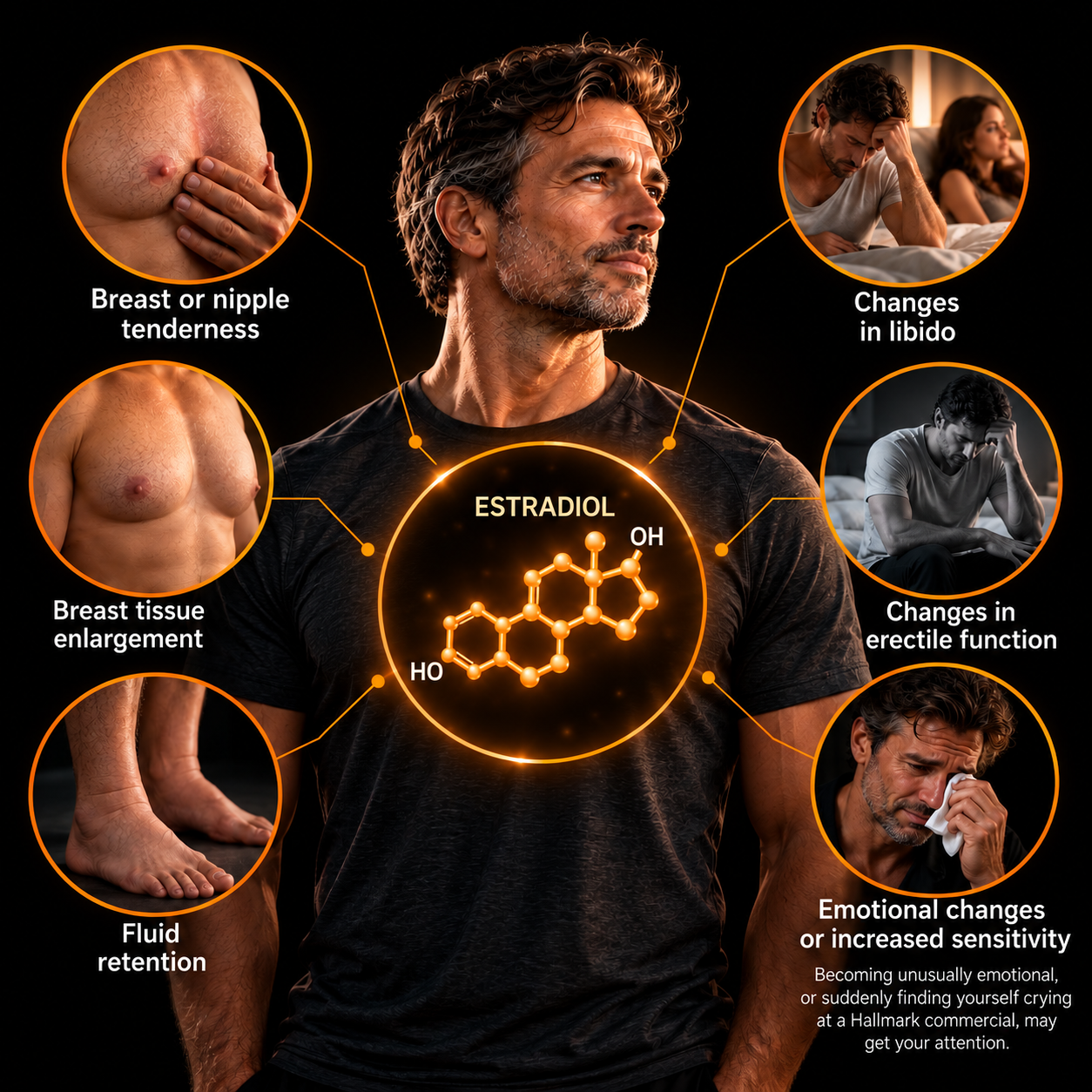 Infographic of a man with a glowing estradiol molecule surrounded by symptoms sometimes associated with higher estradiol: breast or nipple tenderness, breast tissue enlargement, fluid retention, changes in libido, changes in erectile function, and emotional changes or increased sensitivity