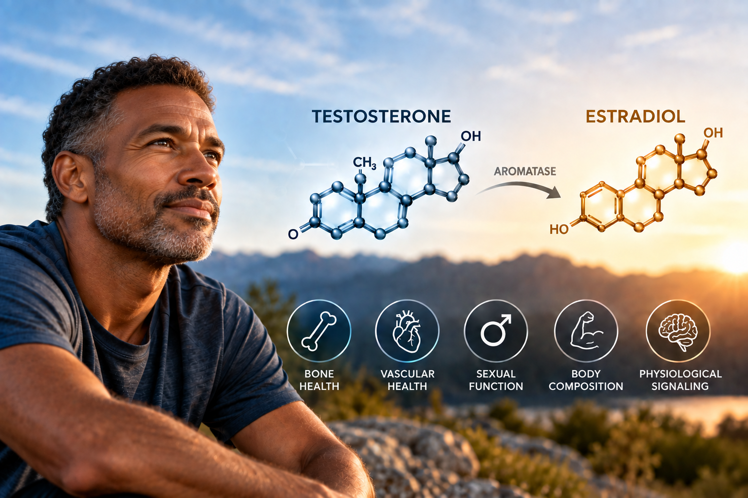 Man in his 50s looking toward a mountain sunrise beside molecular diagrams of testosterone converting to estradiol through aromatase, with icons for bone health, vascular health, sexual function, body composition and physiological signaling