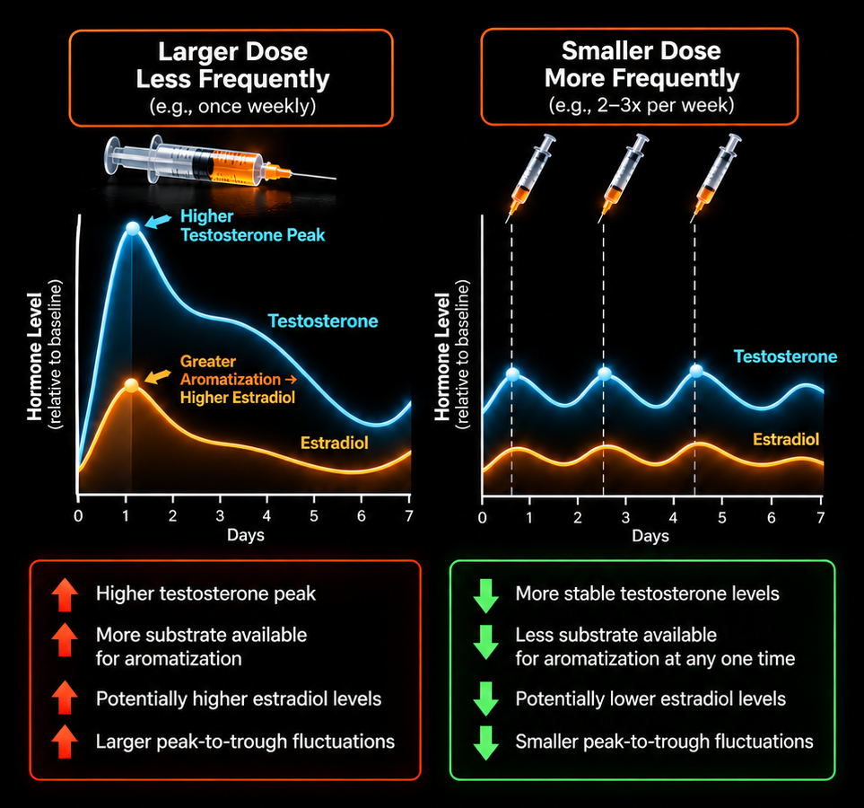 Infographic comparing testosterone injection schedules over seven days: a larger dose given less frequently, such as once weekly, produces a higher testosterone peak, greater aromatization, potentially higher estradiol and larger peak-to-trough fluctuations, while smaller doses given more frequently, such as two to three times per week, produce more stable testosterone, less substrate for aromatization at any one time, potentially lower estradiol and smaller fluctuations