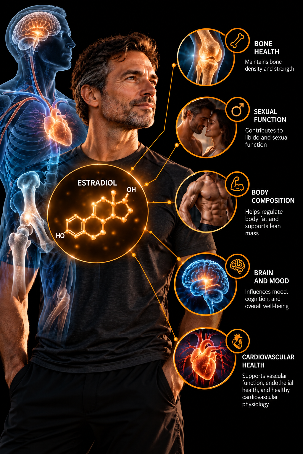 Infographic of a man with a glowing estradiol molecule connected to five roles estrogen plays in men: bone health (maintains bone density and strength), sexual function (contributes to libido and sexual function), body composition (helps regulate body fat and supports lean mass), brain and mood (influences mood, cognition and well-being), and cardiovascular health (supports vascular and endothelial function)