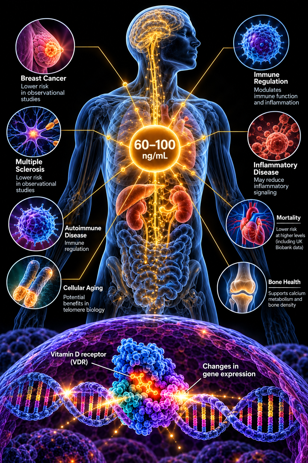 Areas of research behind 60–100 ng/mL vitamin D targets: breast cancer, multiple sclerosis, autoimmune disease, cellular aging, immune regulation, inflammatory disease, mortality and bone health, all linked through the vitamin D receptor and changes in gene expression.