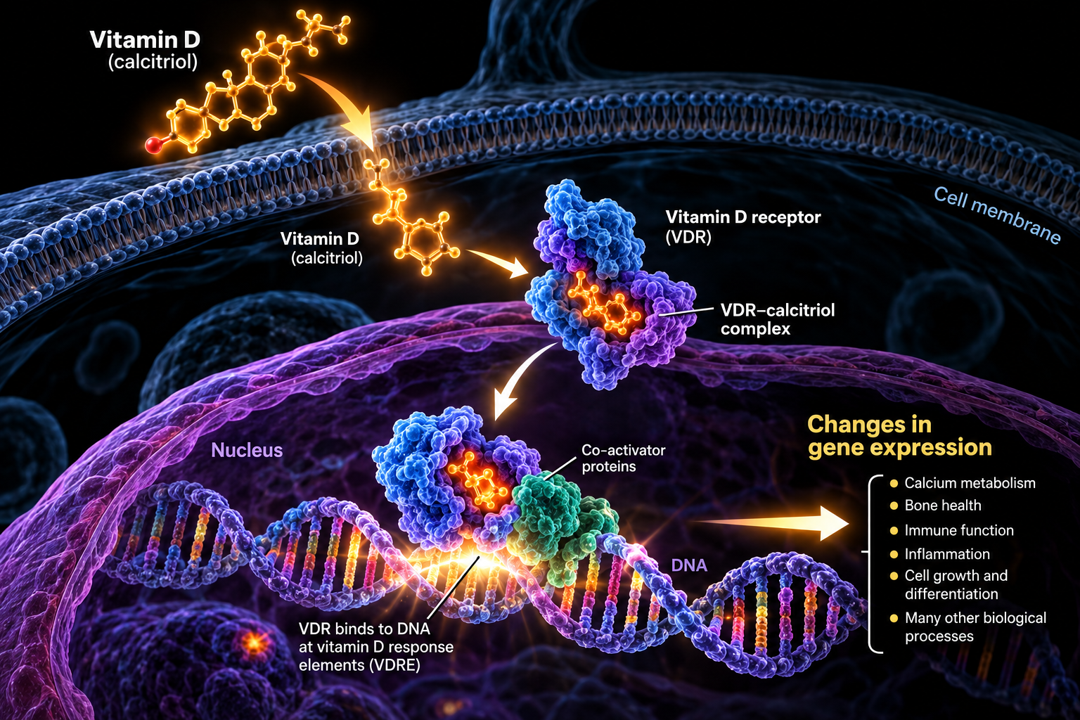 Vitamin D and gene expression: calcitriol crosses the cell membrane, binds the vitamin D receptor (VDR), and the VDR-calcitriol complex binds DNA at vitamin D response elements in the nucleus with co-activator proteins, changing cellular signaling and gene expression.