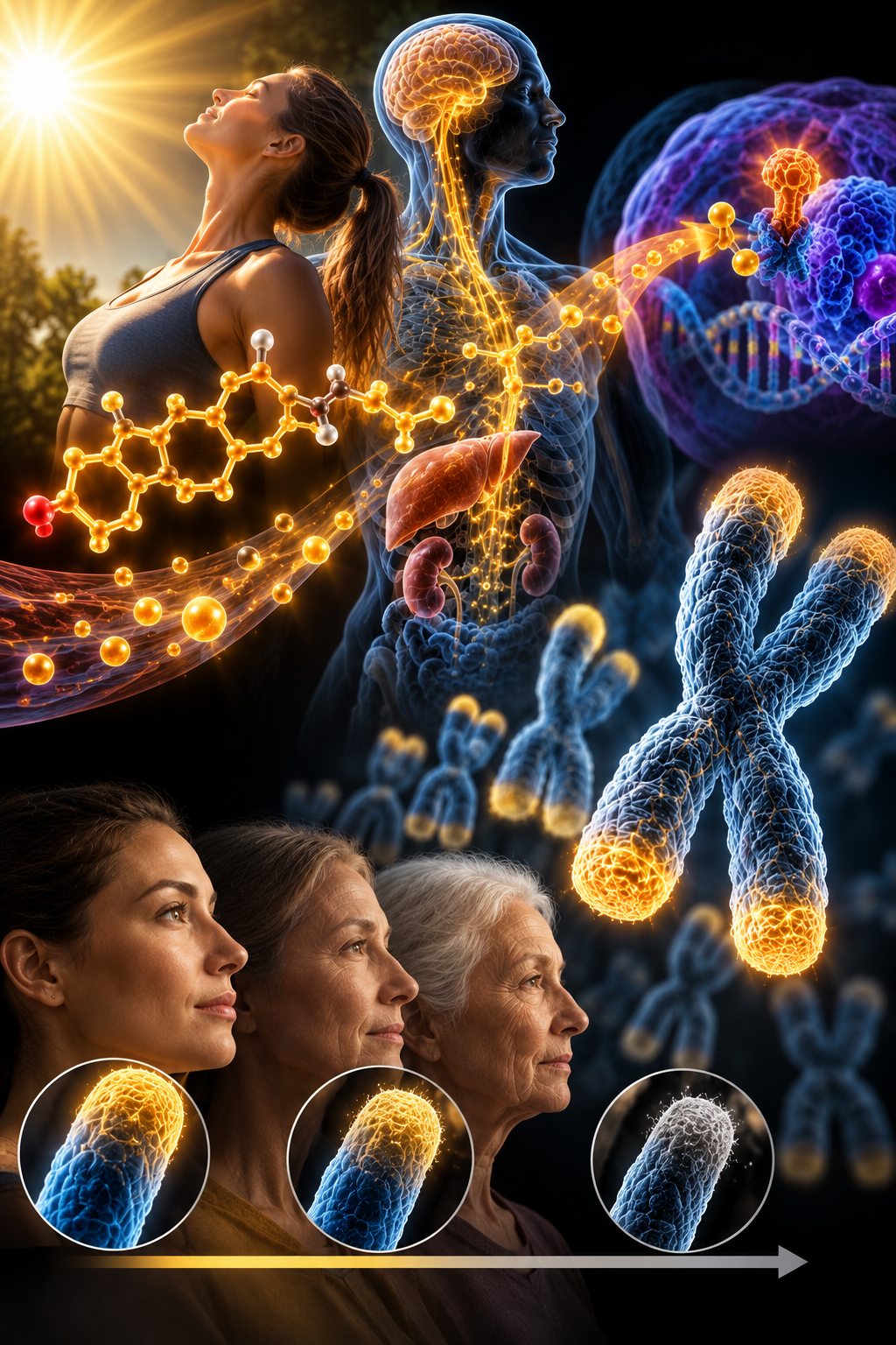 Vitamin D and telomeres: sunlight and vitamin D activation through the liver and kidneys, the vitamin D receptor acting on DNA, and chromosomes with telomere caps that shorten with age, shown across three generations of women.