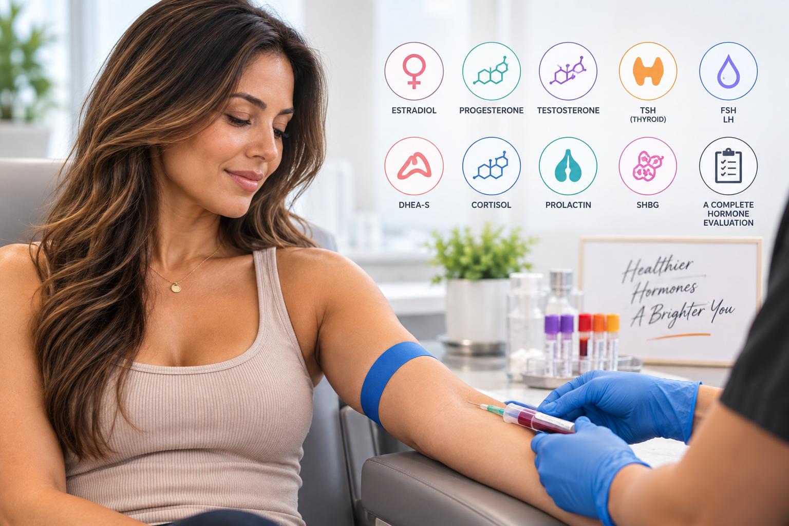 Woman having blood drawn for hormone testing, with icons for estradiol, progesterone, testosterone, TSH, FSH/LH, DHEA-S, cortisol, prolactin, SHBG and a complete hormone evaluation