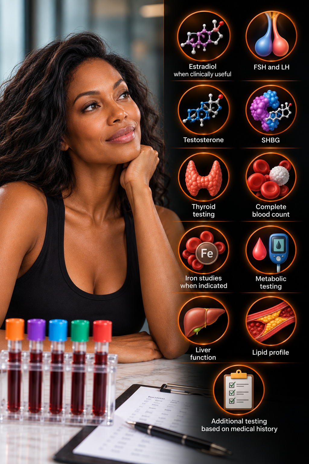 Woman thinking beside a rack of blood sample tubes and a checklist of hormone tests including estradiol, FSH and LH, testosterone, SHBG, thyroid testing, complete blood count, iron studies, metabolic testing, liver function, lipid profile and additional testing based on medical history