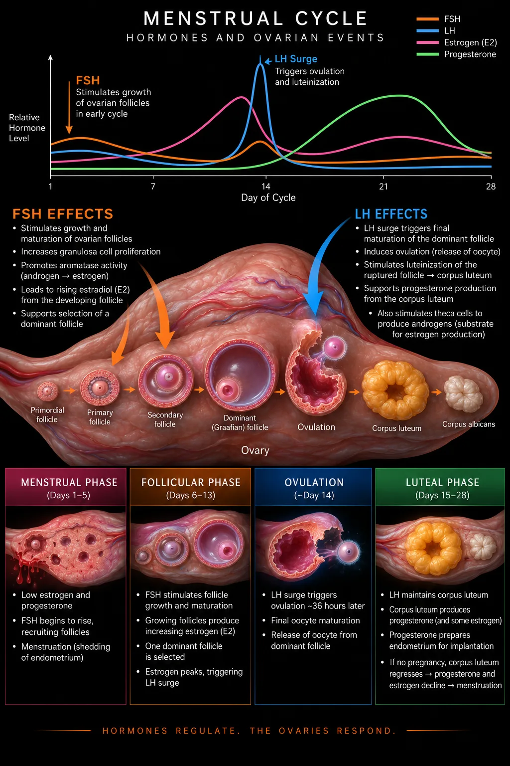 Menstrual cycle diagram showing FSH, LH, estrogen and progesterone levels across the 28-day cycle alongside ovarian follicle development from primordial follicle through ovulation to corpus luteum, illustrating FSH effects on follicle growth and LH effects triggering ovulation
