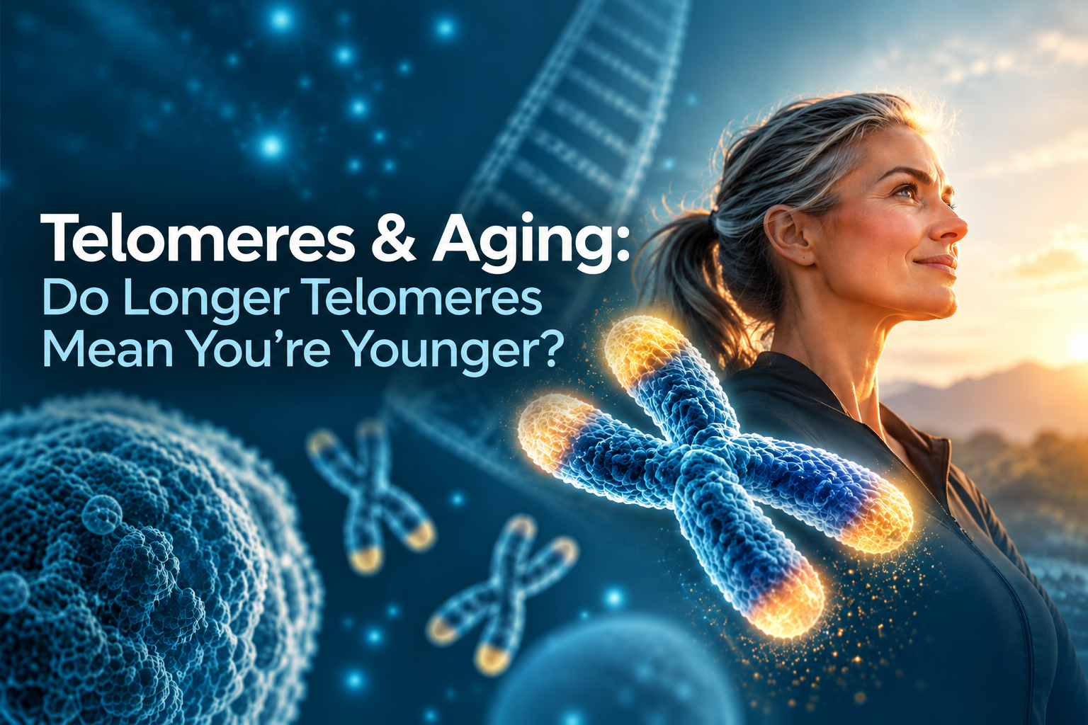 Woman in her 50s looking toward a mountain sunrise beside a glowing chromosome with highlighted telomere caps, under the title Telomeres & Aging: Do Longer Telomeres Mean You’re Younger?