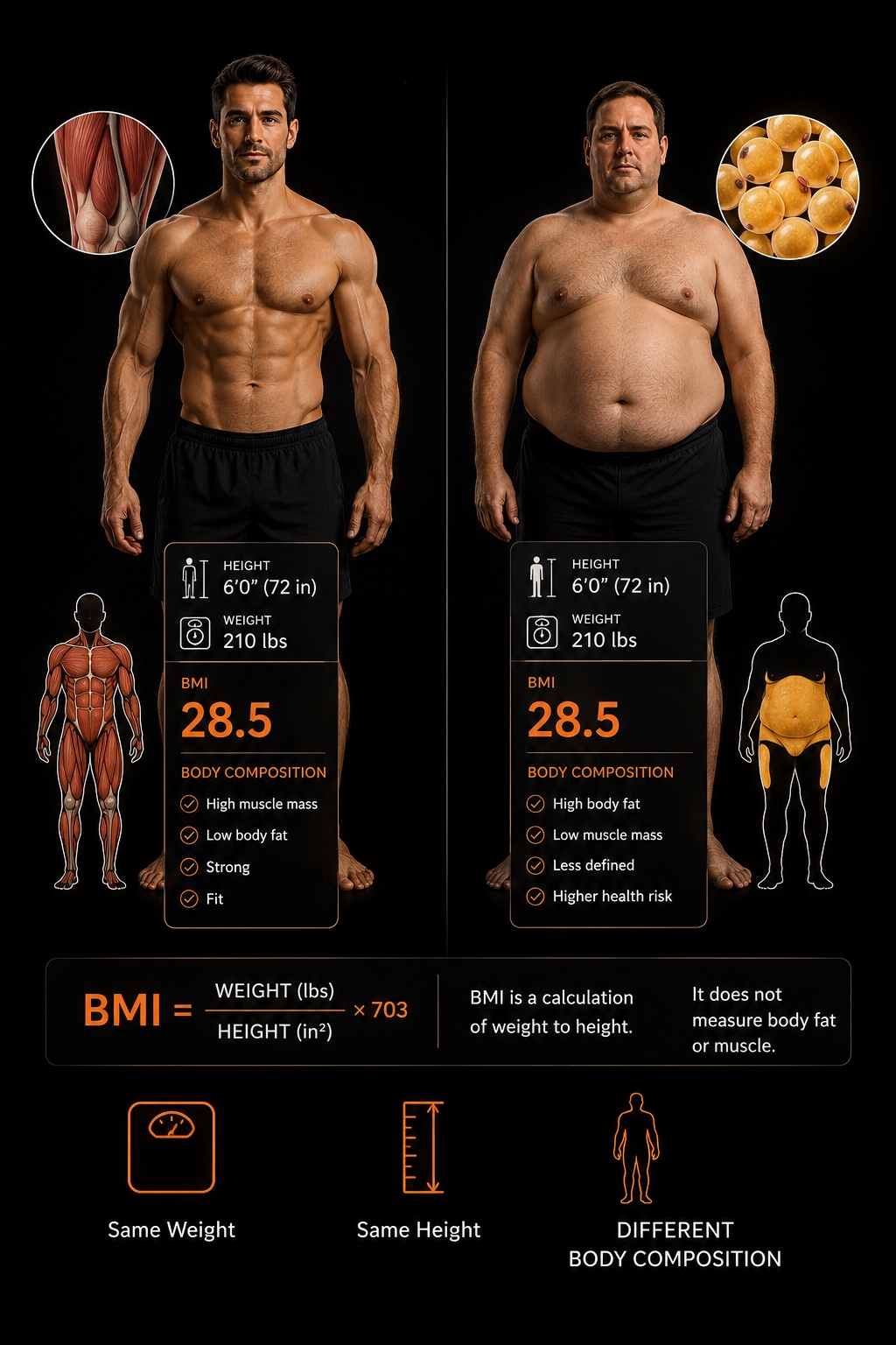 Two men with the same height, weight and BMI of 28.5 but very different body composition — one with high muscle mass and low body fat, the other with high body fat and low muscle mass