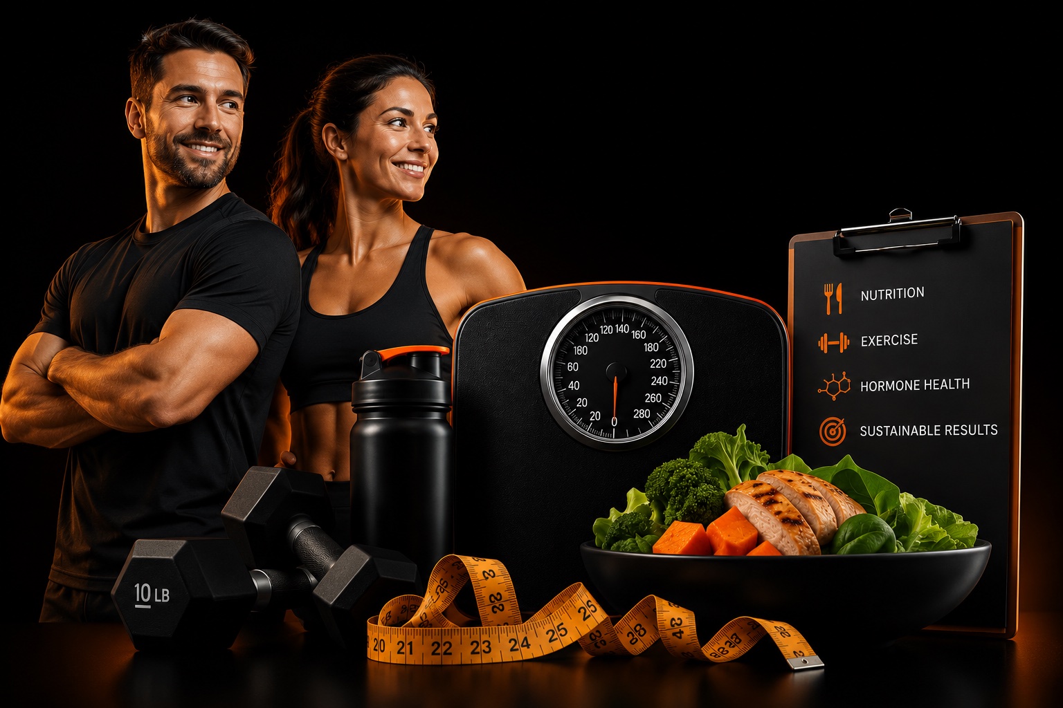 Man and woman with dumbbells, a scale, and a healthy meal representing nutrition, exercise, hormone health and sustainable weight loss results