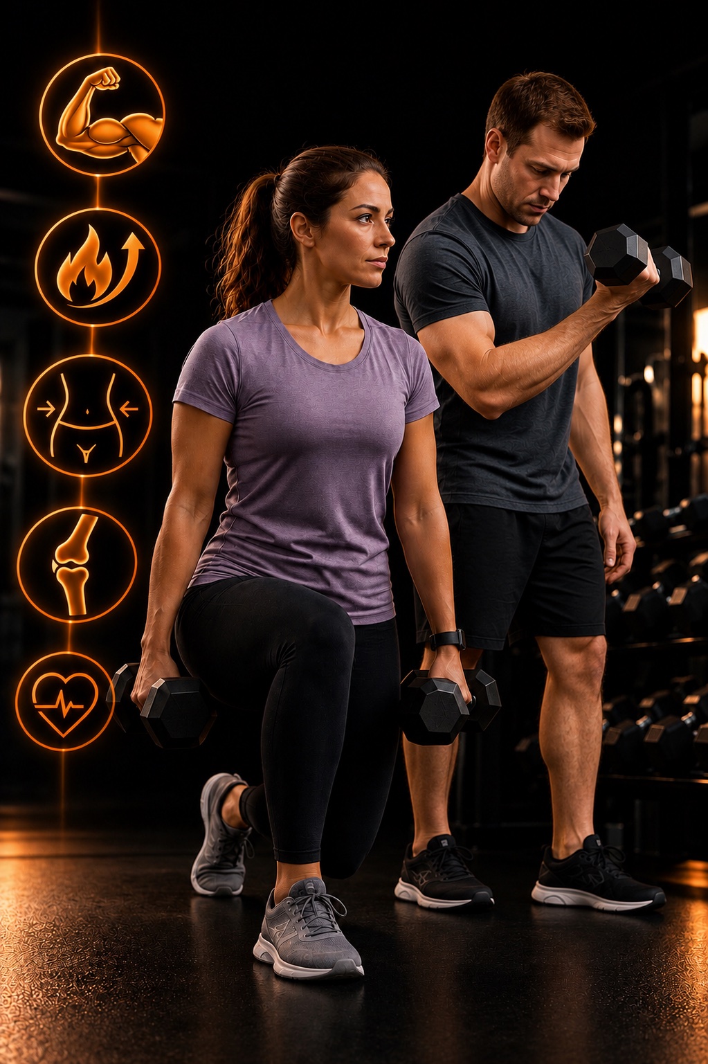 Personal trainer and client performing dumbbell lunges and bicep curls, representing muscle, metabolism, waist, joint and heart-health benefits of resistance training during weight loss
