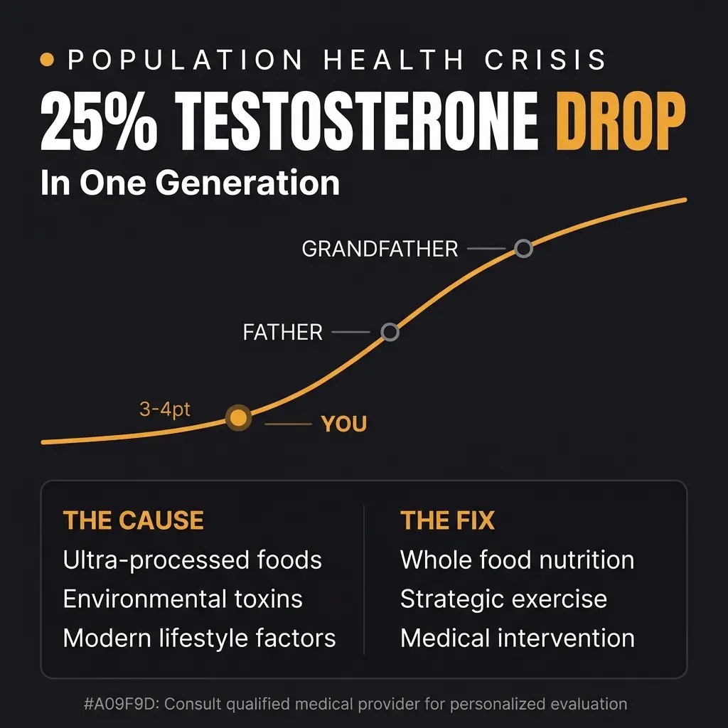 25% testosterone drop in one generation infographic: causes (ultra-processed foods, environmental toxins, modern lifestyle) and fixes (whole food nutrition, strategic exercise, medical intervention) | R2 Medical Clinic