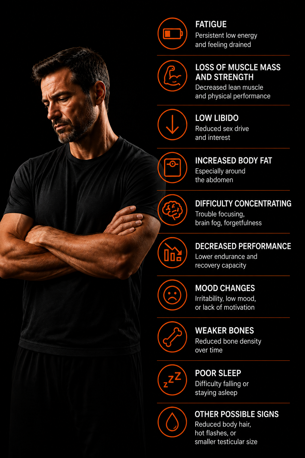 Infographic listing possible symptoms of testosterone deficiency: fatigue, loss of muscle mass and strength, low libido, increased body fat, difficulty concentrating, decreased performance, mood changes, weaker bones, poor sleep, and other possible signs