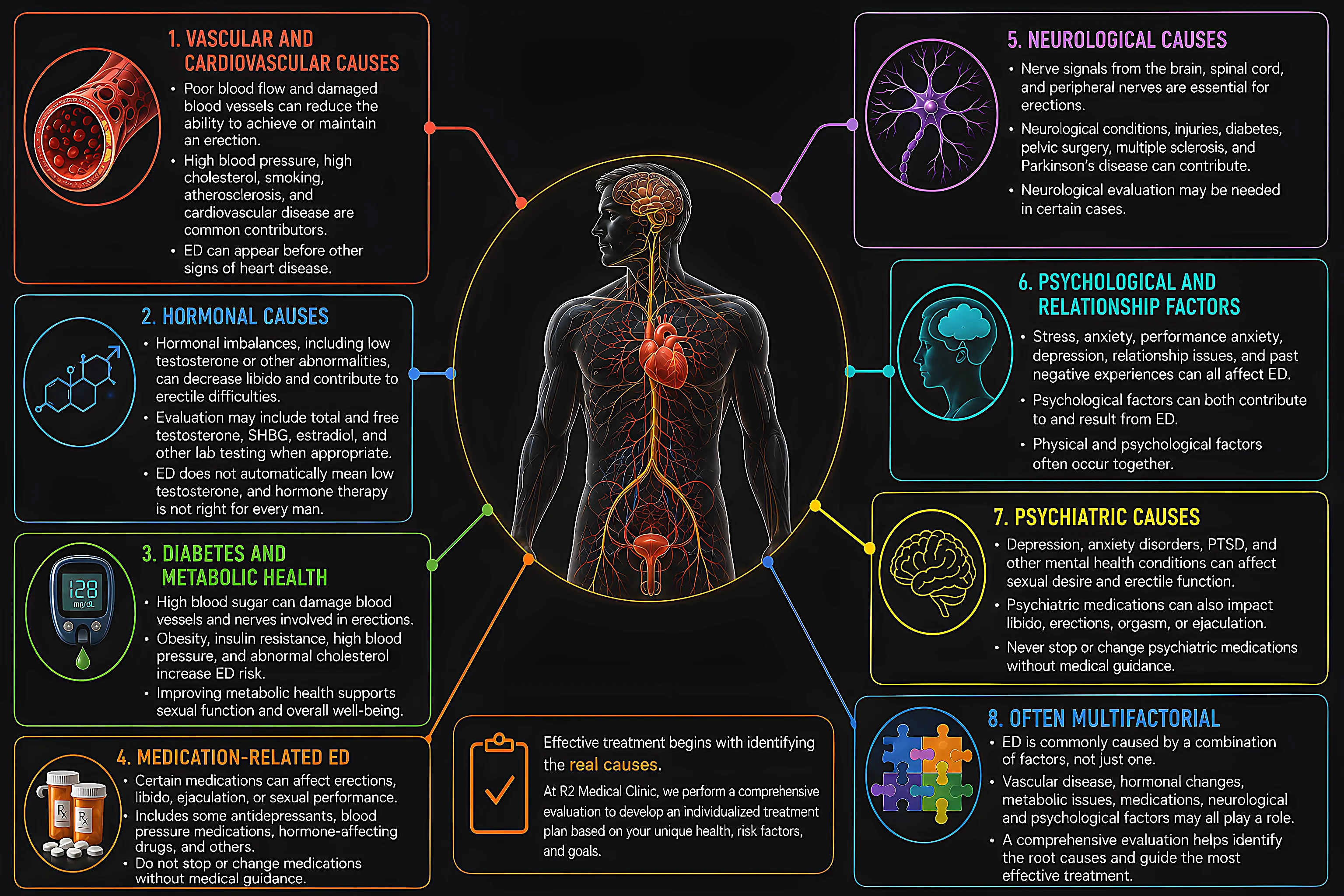 Infographic showing eight causes of erectile dysfunction: vascular and cardiovascular causes, hormonal causes, diabetes and metabolic health, medication-related ED, neurological causes, psychological and relationship factors, psychiatric causes, and often multifactorial
