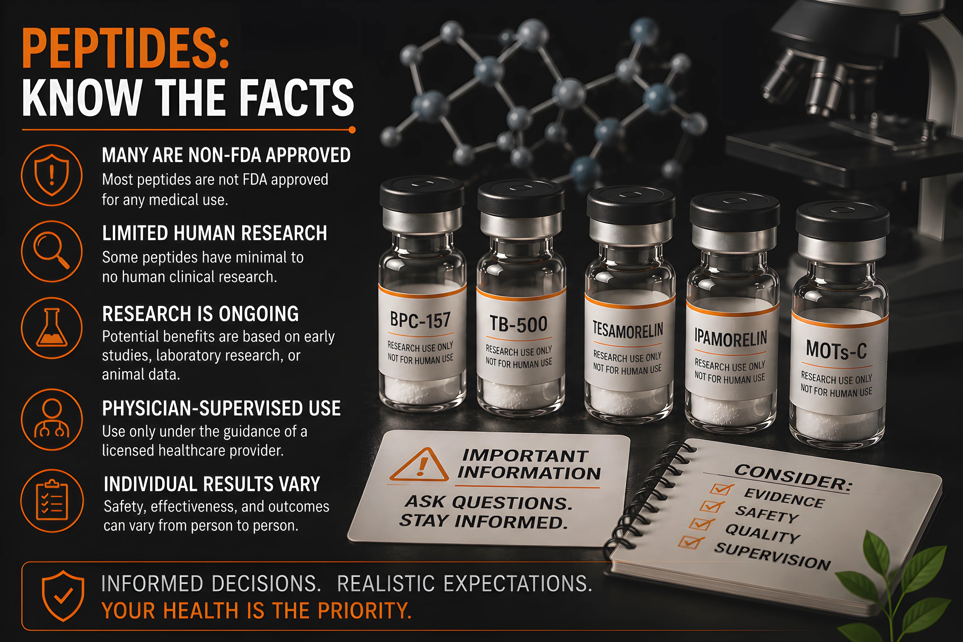 Infographic titled Peptides: Know the Facts — most peptides are not FDA approved, some have limited human research, potential benefits are based on early studies, use should be physician-supervised, and individual results vary