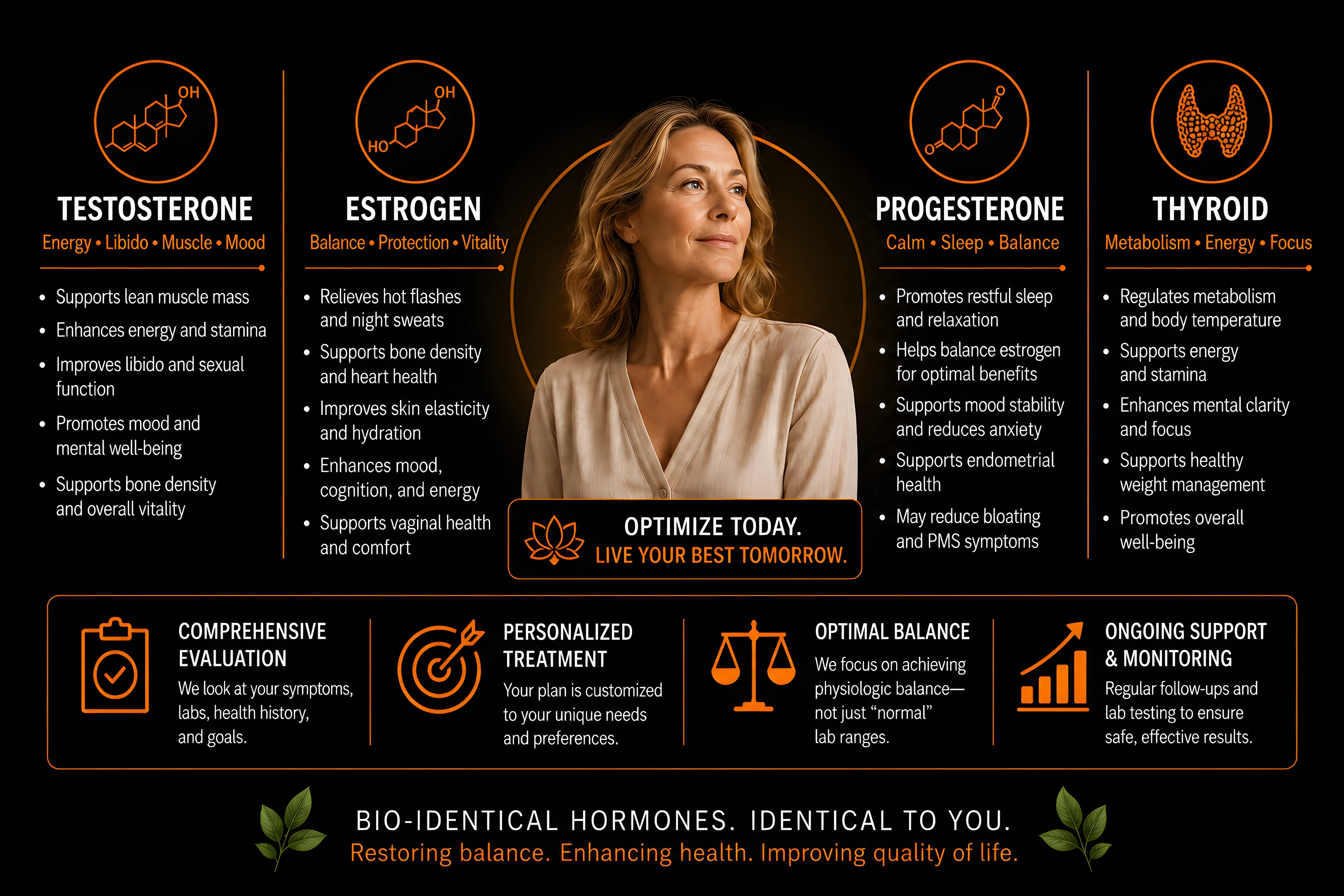 Infographic showing bioidentical hormone optimization for women: testosterone, estrogen, progesterone, and thyroid, each with their key benefits, plus the R2 approach of comprehensive evaluation, personalized treatment, optimal balance, and ongoing support and monitoring